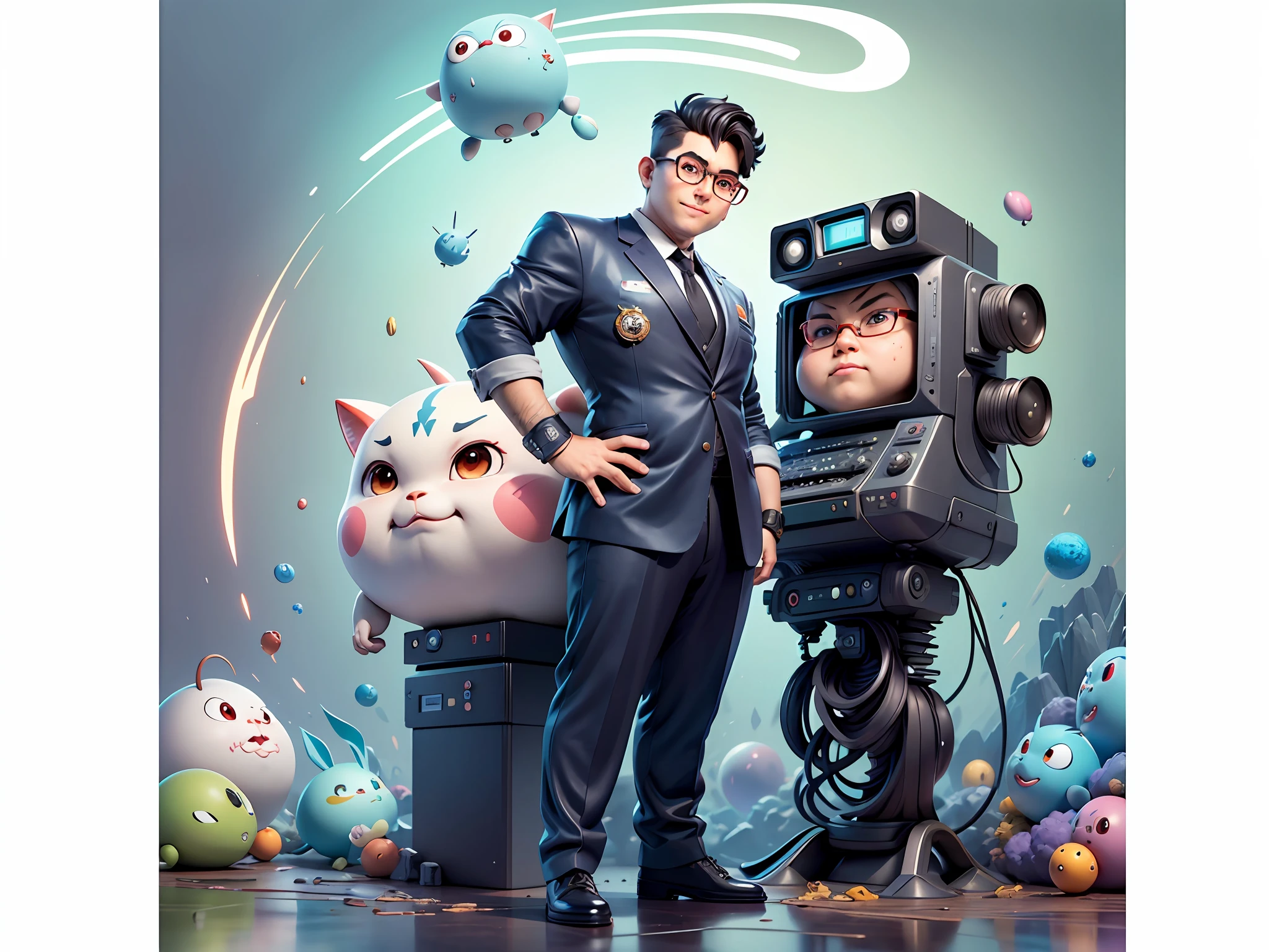 Masterpiece), (Excellent), (Super Meticulous), (Full Body: 1.2), Super Young Woman, Beautiful, Sexy, Bursting, Oriental Face, TV Anchor, Bust Portrait Illustration, Alone, Black Suit, Blue Tie, Silver Glasses, Slightly Chubby Face, Very Clean Face, No Beard, Black Super Short Hair, Black Eyes, Confident Smile, 3c Computer Sub-Products, iPad, iPhone, Digital Painting, 3D Character Design by Akira Toriyama with Mark Claireden and Pixar and Hayao Miyazaki, The illustration is a high-definition illustration in 4K resolution with very detailed facial features and cartoon-style visuals.