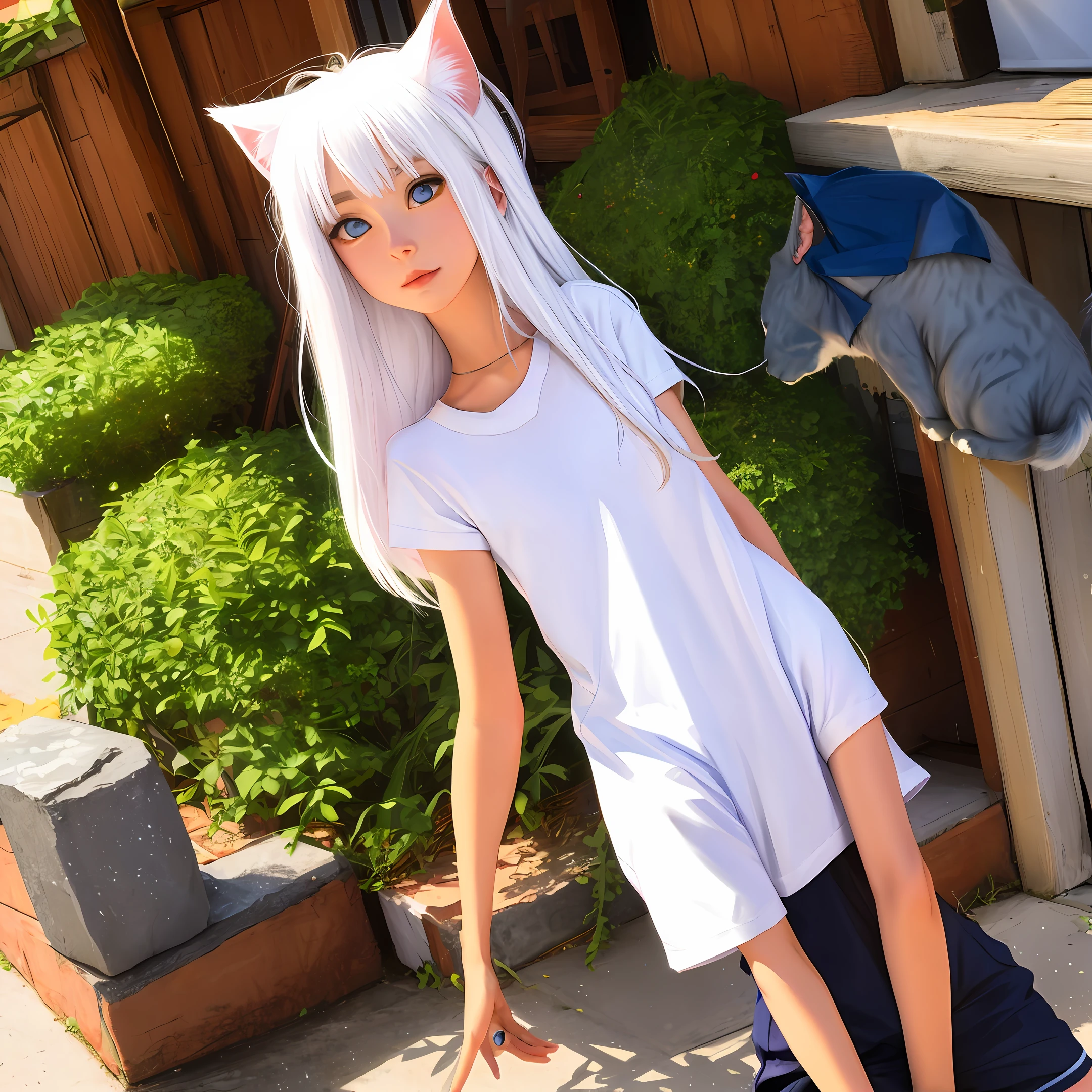 White hair girl anime cat ears short sleeves