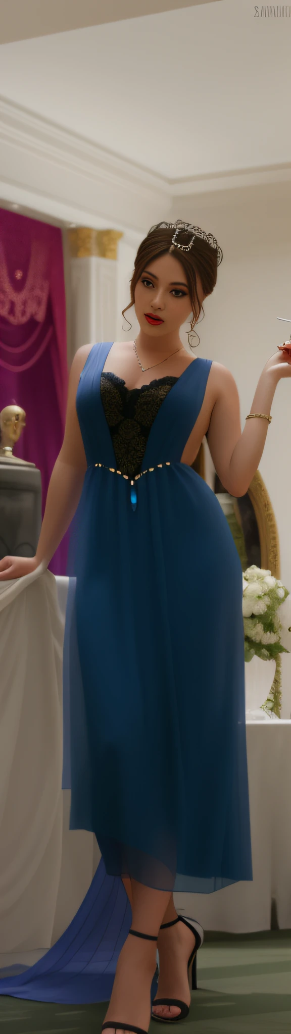 Woman in blue sexy sheer dress standing next to the cat statue in the mall, wearing blue sexy dress, nipped-in, chest sheer, sexy lace, flesh-colored sexy stockings, black hair, demure hairstyle, blue swirl dress, wearing red high heels, wearing a flowing dress, , wearing a flowing sun dress, full dress, exquisite details, K UHD, HD, super detailed, high quality detail texture, ((perfect female body)), high quality shadows, sheer sexy dress, hip wrapped skirt, lace stockings, Lace costumes ,,, see-through, only one person, (huge breasts, breast out), (interior + dark atmosphere + ceramic courtyard + pond + gazebo + tranquility + bridge + trees), perfect body, , sexy pose, hairpins, hair accessories, light smile, fair skin, glowing eyes, bright lips, eye bags, light pink lips, beautiful eyes, eyelashes, thin lips, (lady), eye shadow, makeup, eyeliner, , shawl, detail clothes, (rich: 1.4), prestige, gorgeous, luxury, lace, lace, royal palace, jewelry, gemstones, gold, silver, diamonds, glitter, sapphire, ruby, emerald, pearl, amber, obsidian, jewelry, gemstones, glitter, beautiful, gorgeous, glamorous, charming, gothic, fantasy, sacred, clean, rich, prestige, fantastic, supreme, supreme, goddess, lace, lace trim, delicate pattern, shiny skin, blonde, royalty, super idol face, messy hair, perfect lighting, (detailedlight), (( anextremelydelicateandbeautiful)), dramatic_shadow, ray_tracing, hair accessories, necklaces, throat guards, earrings, bracelets, armbands, rings, piercings --auto --s2