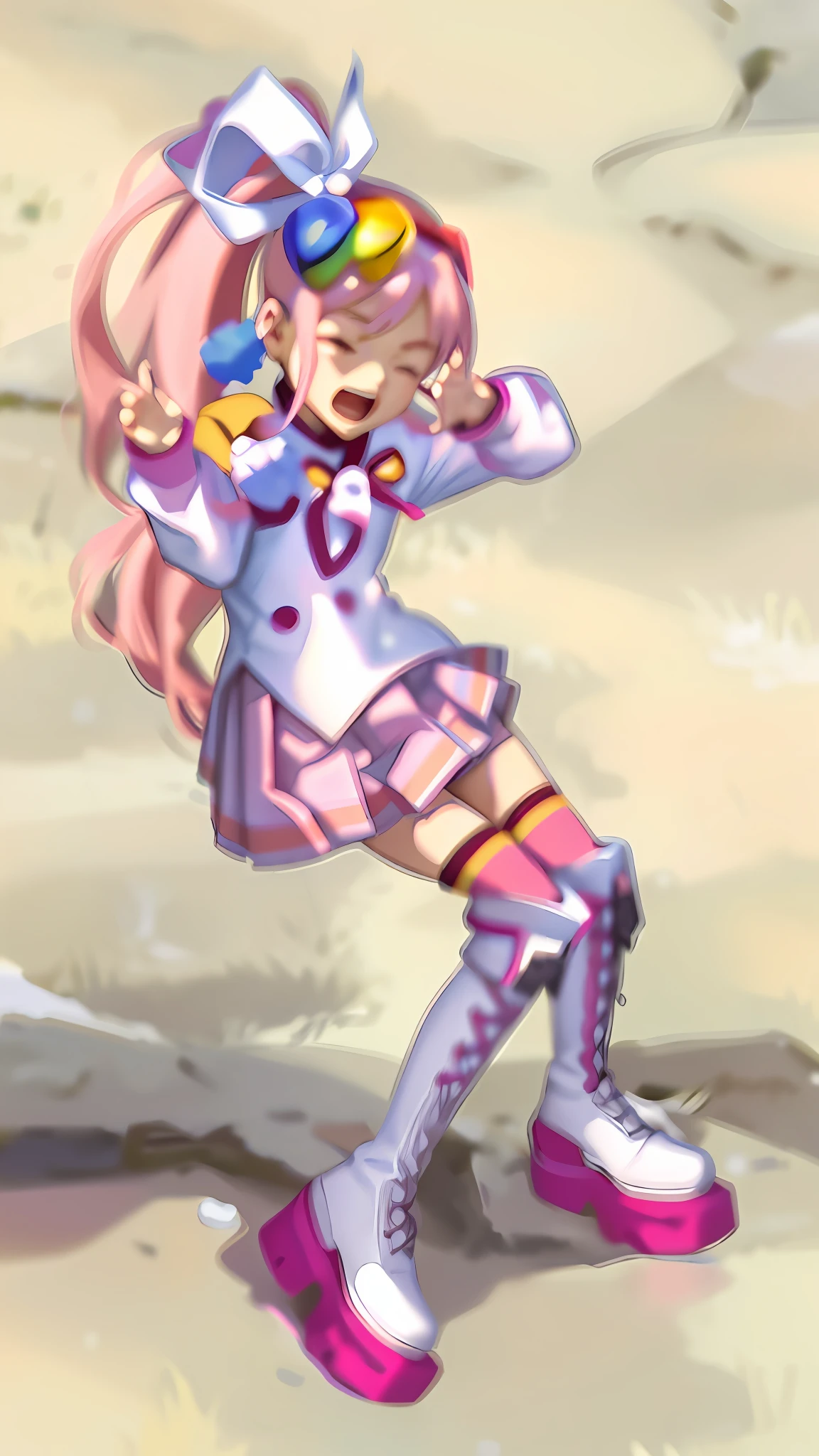 (Masterpiece: 1.5), (Best quality: 1.5), 8k,1 girl, eyes closed, mouth open, screaming, pink hair, single ponytail, white top, pink pleated skirt, pink over-the-knee socks, white boots, (snow: 1.5)