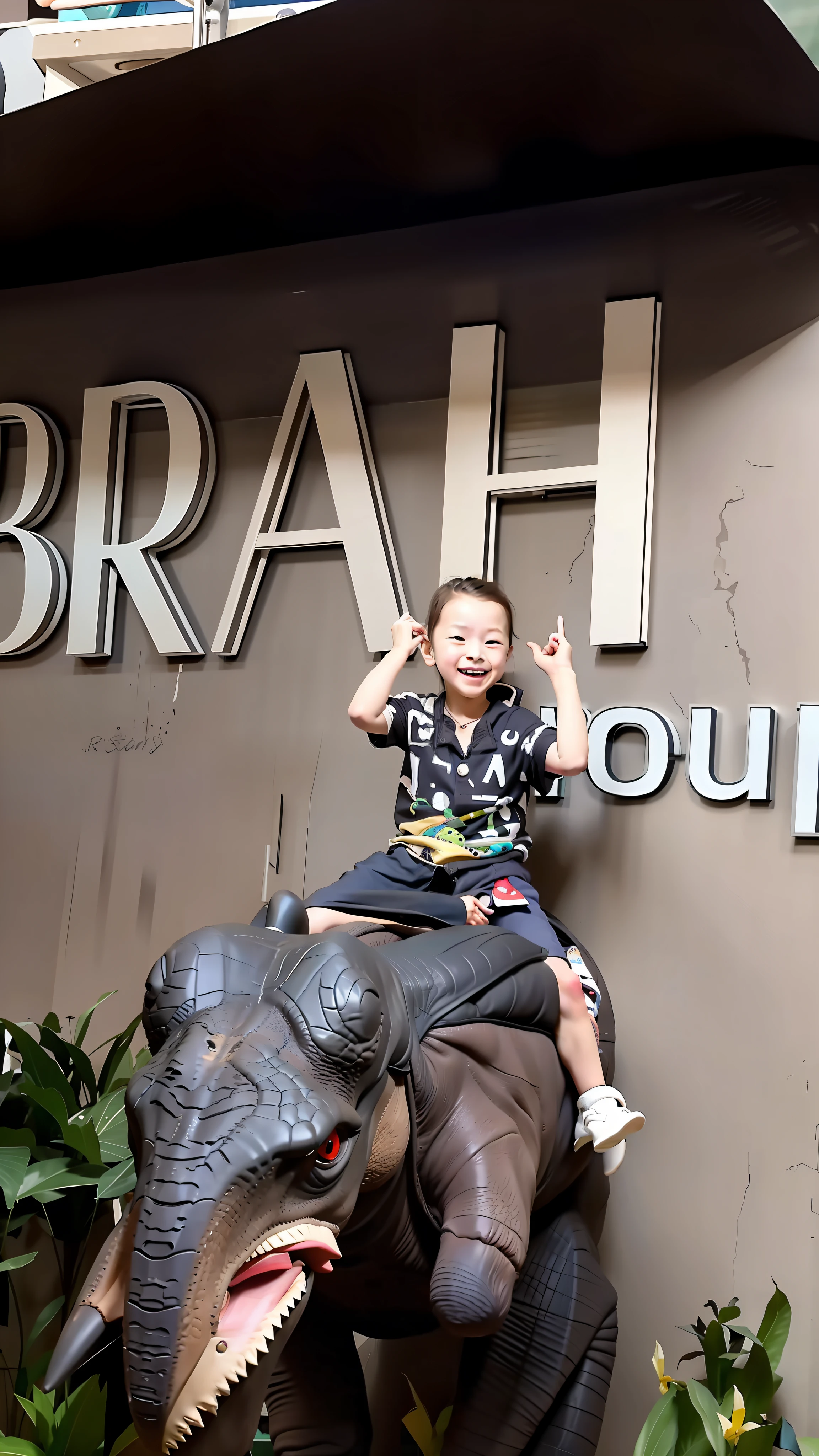 The child happily rides on the Tyrannosaurus rex and gazes ahead with both eyes intently ahead