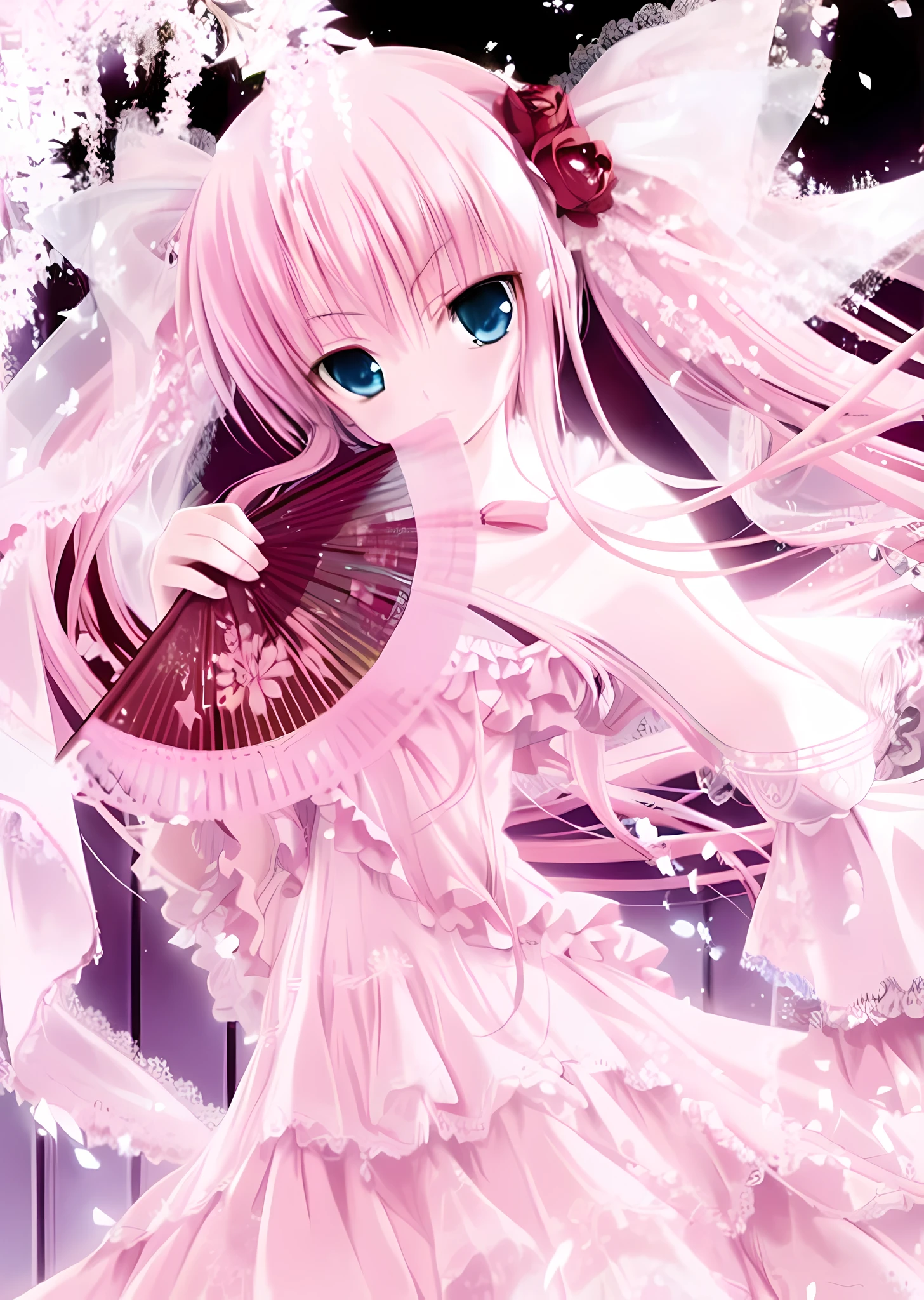 Anime girl holding fan and fan in pink dress, beautiful anime girl, night core, anime princess, very beautiful anime cat girl, pink double-tailed hair and cyan eyes, beautiful anime style, (anime girl), beautiful anime artwork, beautiful anime art, beautiful fantasy anime, cute anime outer house in beautiful clothes, beautiful anime girl, anime ****ta, lace ****ta --auto --s2