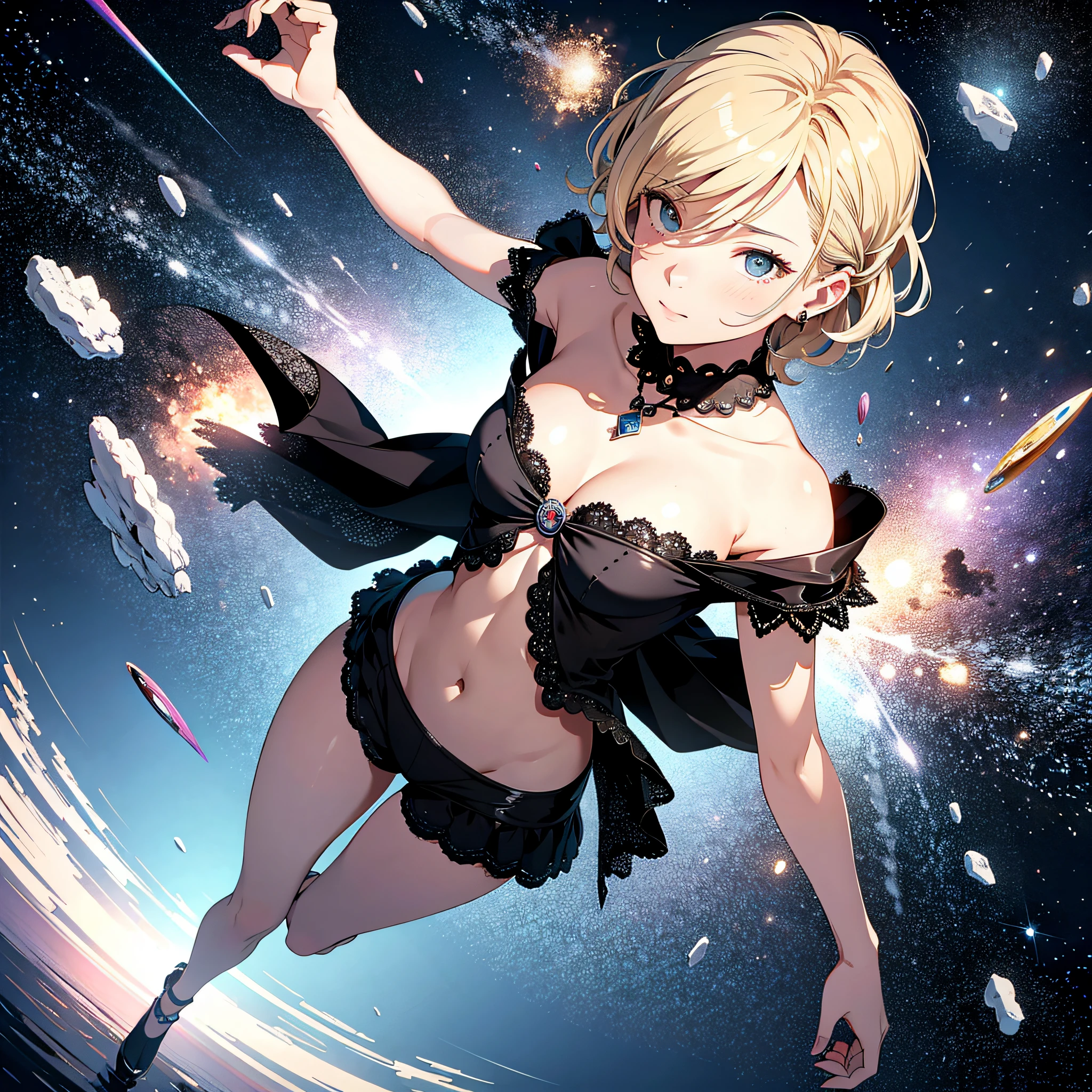 Absurd resolution, high resolution, (masterpiece: 1.4), super detailed, girl alone, from above, space, floating, blonde, petite, short hair