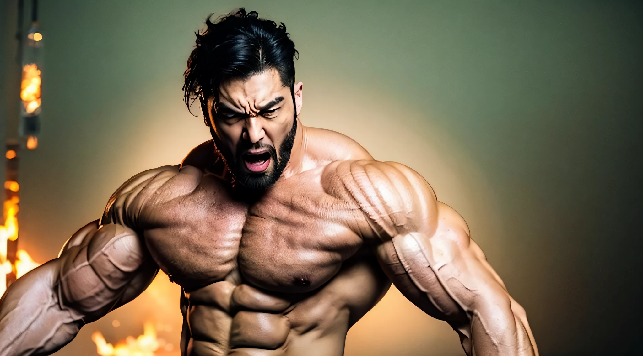A muscular man with a fat, fierce expression