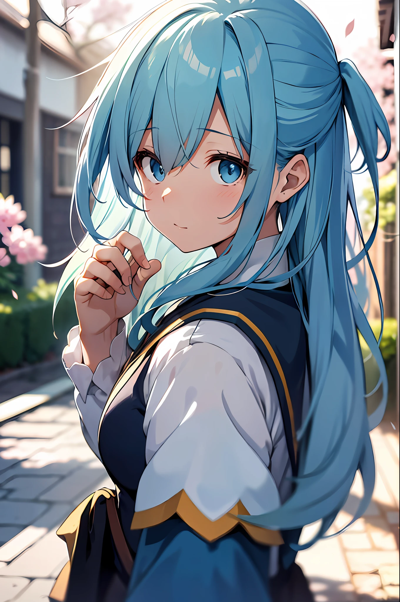 a menina_aqua_konosuba, blue eyes, long hair, (outside the house:1.1), (outside view:1.1), Third person, fluttering petals, (depth of field, blurred background, blurred, bokeh:1.2)