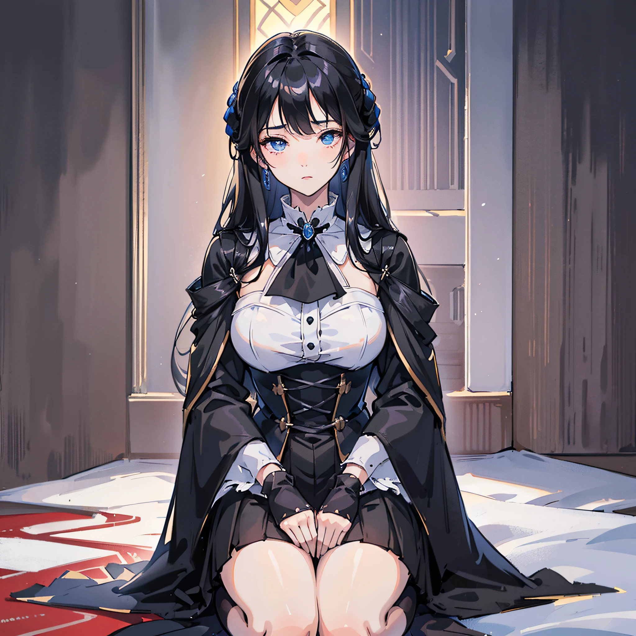 High quality, anime style, black hair, blue eyes, black silk, period costume, high cold, kneeling posture, royal sister, bangs, tight, breeze, exposed --auto --s2