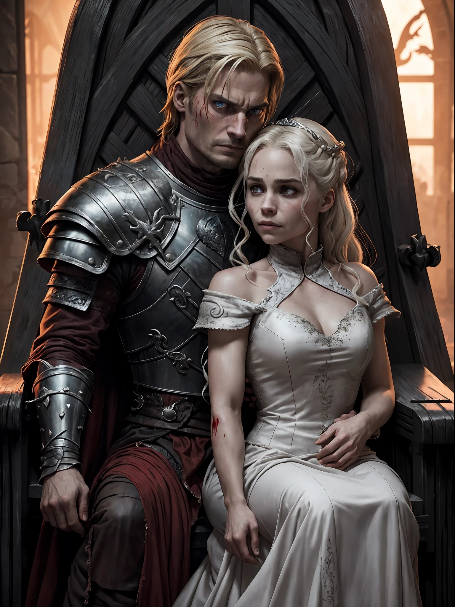 Evil Couple, after fight, blood everywhere, Tired, Ripped clothes, damaged armor, Evil, glowing red eyes, Smirk, in the throne room, scar on eyes, Messed up hair, a Targaryen and a Lannister, Jaime Lannister and Daenerys Targaryen, Crowns