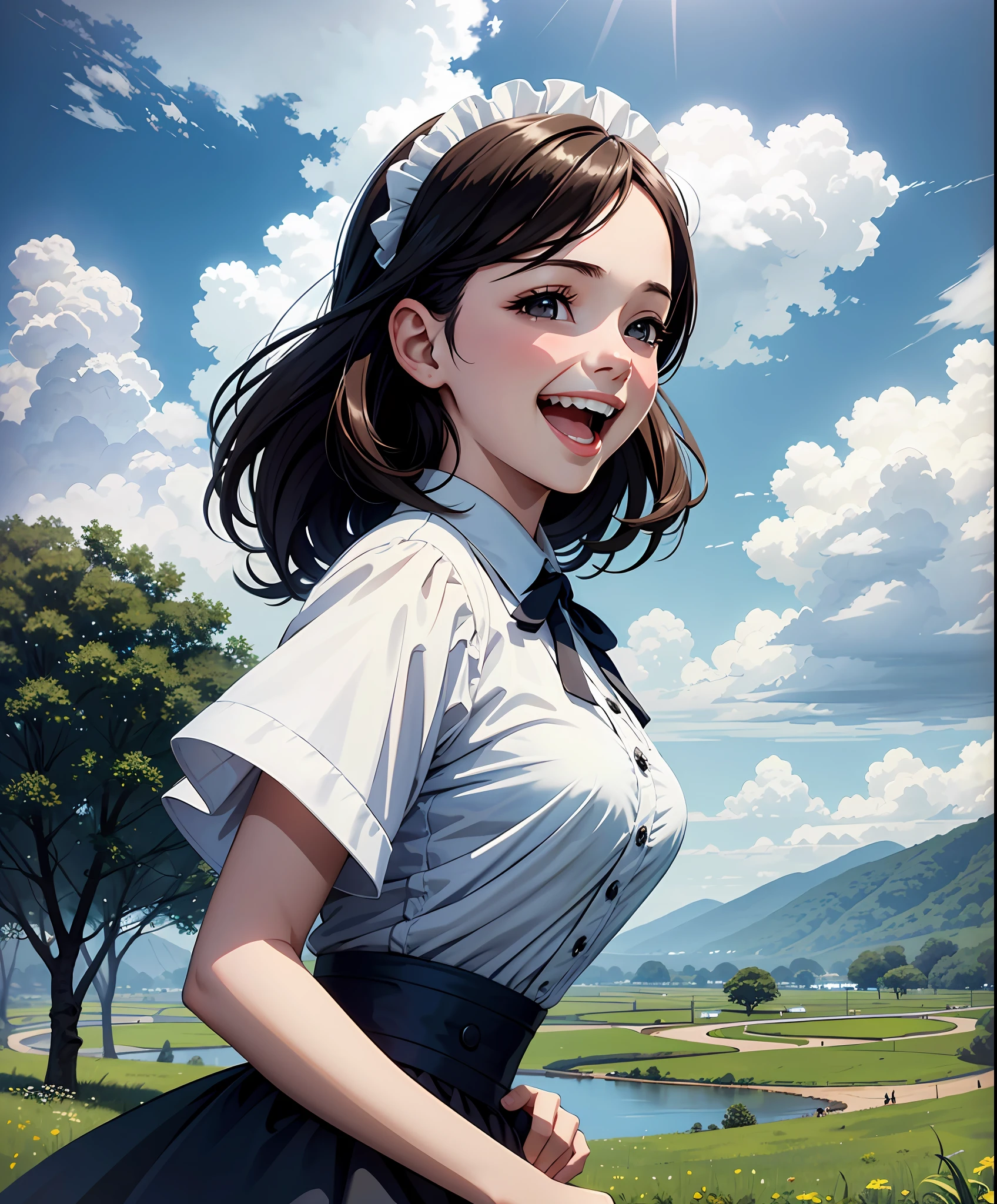 Portrait of beautiful little girl laughing loudly, cloudy sky background, lush landscape illustration, concept art, maid, pinterest, art station, lou art