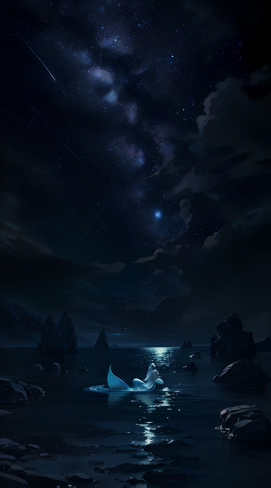 Pictures of stars and moon in the river and sky, (1 woman), Mermaid, concept art inspired by Mitsuoki Tosa, pixiv competition winner, highest quality, fantasy art, beautiful anime scene, bright moon round, starry sky environment under moonlight, mermaid floating in the sea, aurora, dream painting, anime background art, dream landscape art, fantastic night, anime background, Background artwork, fantastic art, starry sky, detail enhancement.