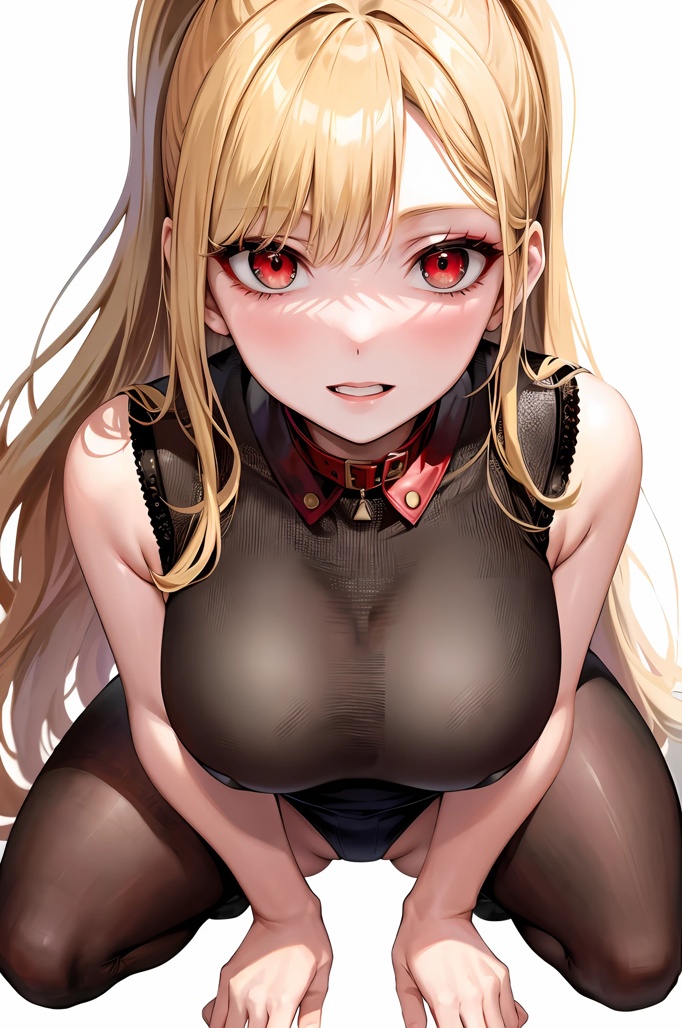 SLE, mksks style, Top quality, Masterpiece, Detailed background, Very detailed, Complex and detailed face, Long eyelashes, Detailed eyes, (Adult female, standing: 1.1), (High ponytail: 1.3), (Thigh thickness: 1.0), (Large: 1.3), (White background: 1.3),
(Solo: 1.3), (Red Eyes: 1.3), (Blonde and Black Mesh: 1.2), (Disheveled Hair: 1.1), (Red Collar: 1.2), (Thick Lips, Pink Lips: 1.3), (Pink Eyeshadow: 1.2), (Moisturized Eyes), Squatting on the Floor, Open Legs, Best Smile, Mouth Wide Open, Cheeks Red, Blonde Dog Eater Crawling on All Fours, Full Body, Drooling, See-Through, Slim, Nipples