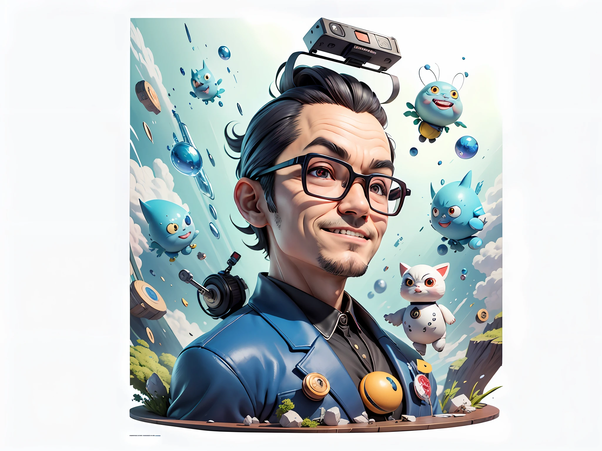 Masterpiece), (Excellent), (Super Meticulous), (Full Body: 1.2), Super Young Woman, Beautiful, Sexy, Bursting, Oriental Face, TV Anchor, Bust Portrait Illustration, Alone, Black Suit, Blue Tie, Silver Glasses, Slightly Chubby Face, Very Clean Face, No Beard, Black Super Short Hair, Black Eyes, Confident Smile, 3c Computer Sub-Products, iPad, iPhone, Digital Painting, 3D Character Design by Akira Toriyama with Mark Claireden and Pixar and Hayao Miyazaki, The illustration is a high-definition illustration in 4K resolution with very detailed facial features and cartoon-style visuals.