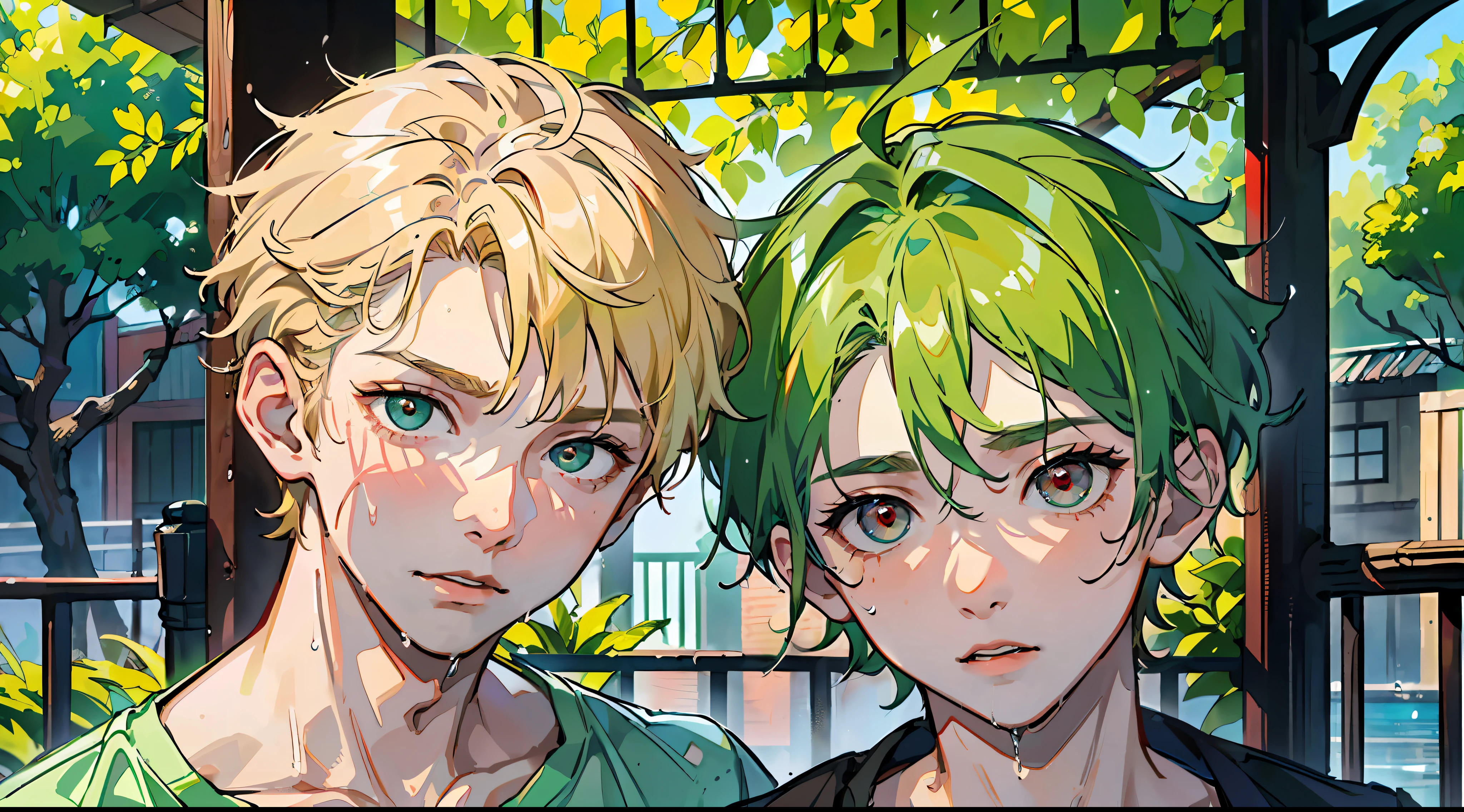 (Masterpiece: 1.4, top quality), two boys, (Wet shirt with cute young man and green hair and big eyes: 1.2), (Wet shirt with red eyes with very short blonde hair with cool young man: 1.2), a park where it rains a lot