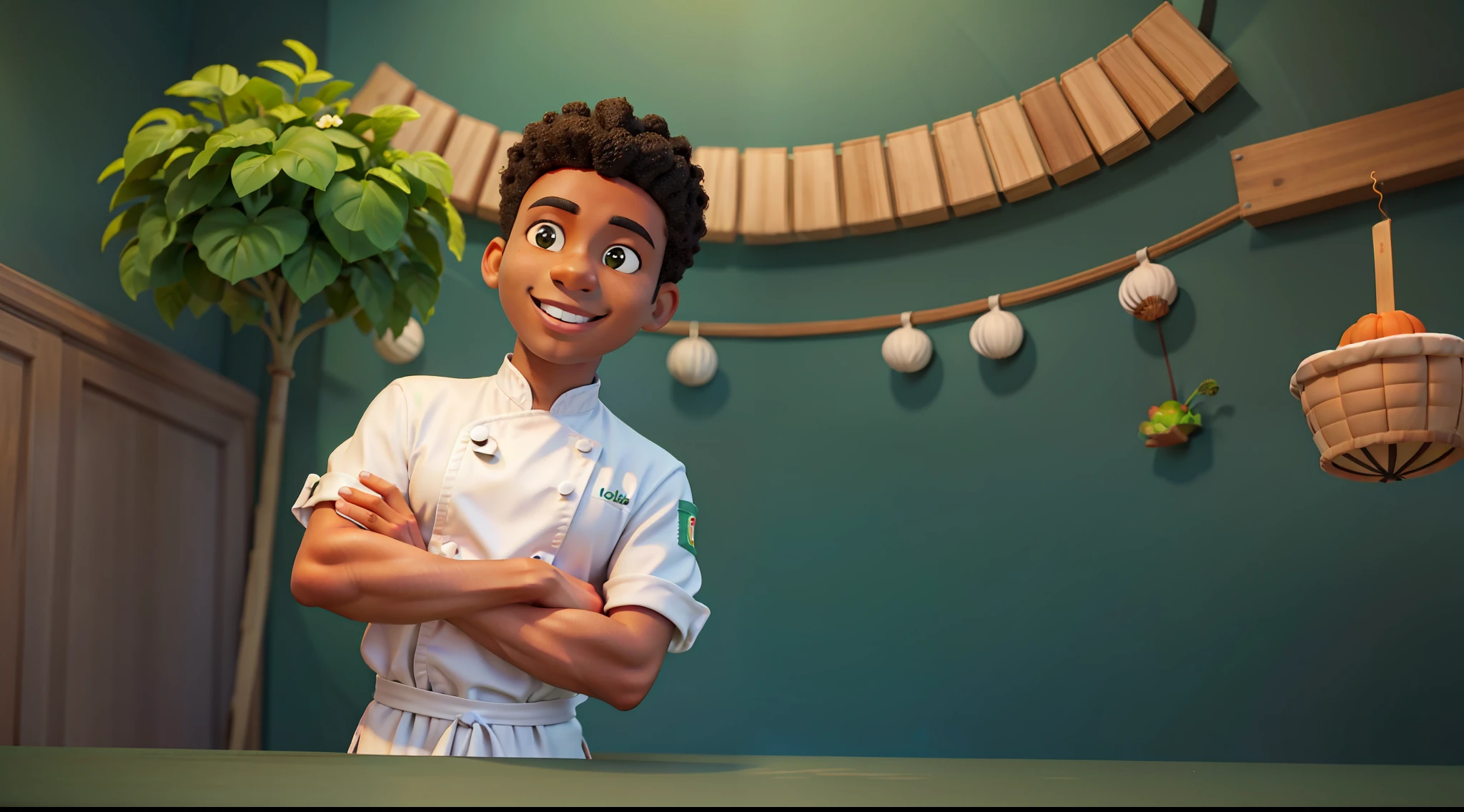 young 28 years, name Toni, origin brazil, male, afro, satin skin, wearing a chef outfit smiling with arms crossed and chef's burrow, blurred infinite green background