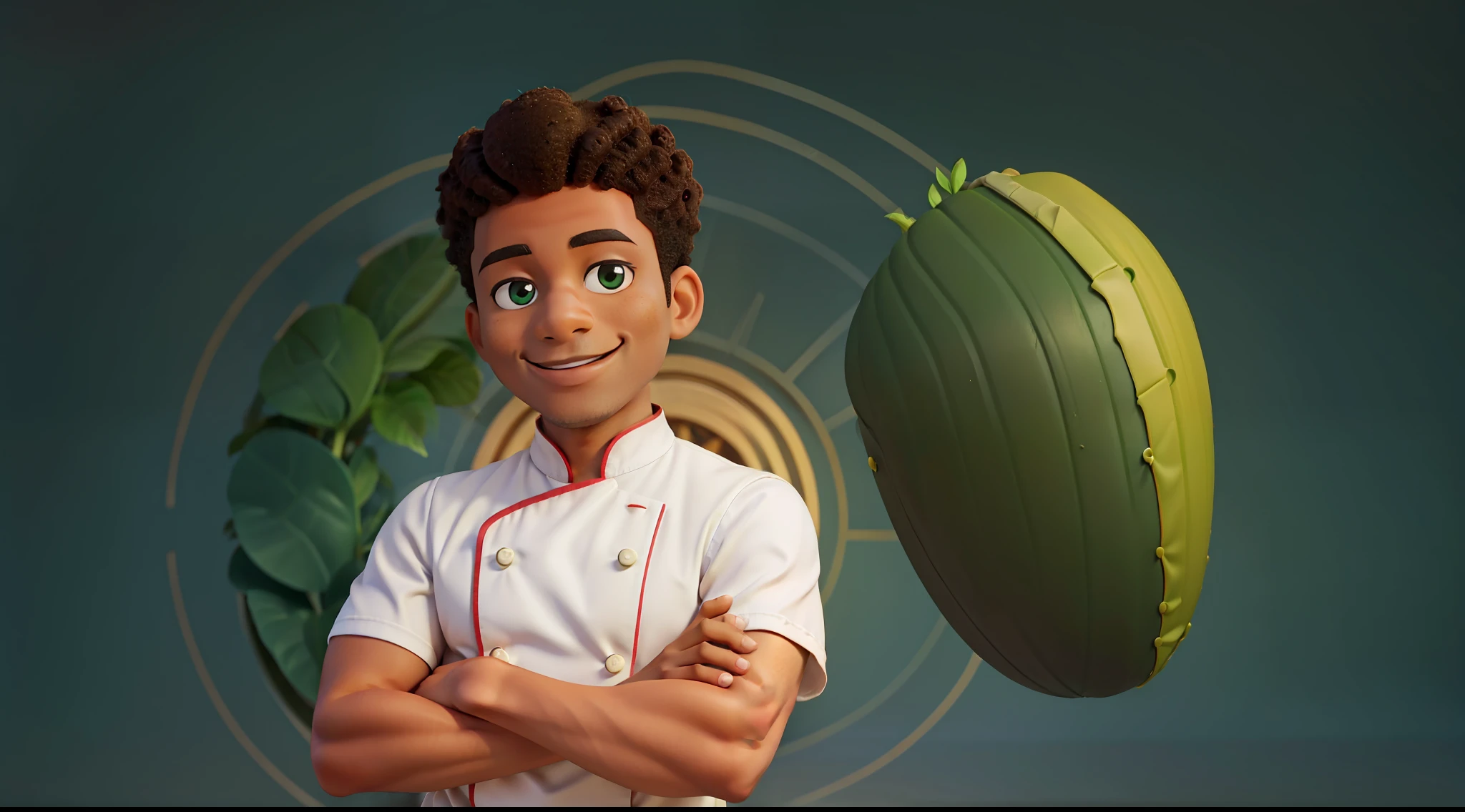 young 28 years, name Toni, origin brazil, male, afro, satin skin, wearing a chef outfit smiling with arms crossed and chef's burrow, blurred infinite green background