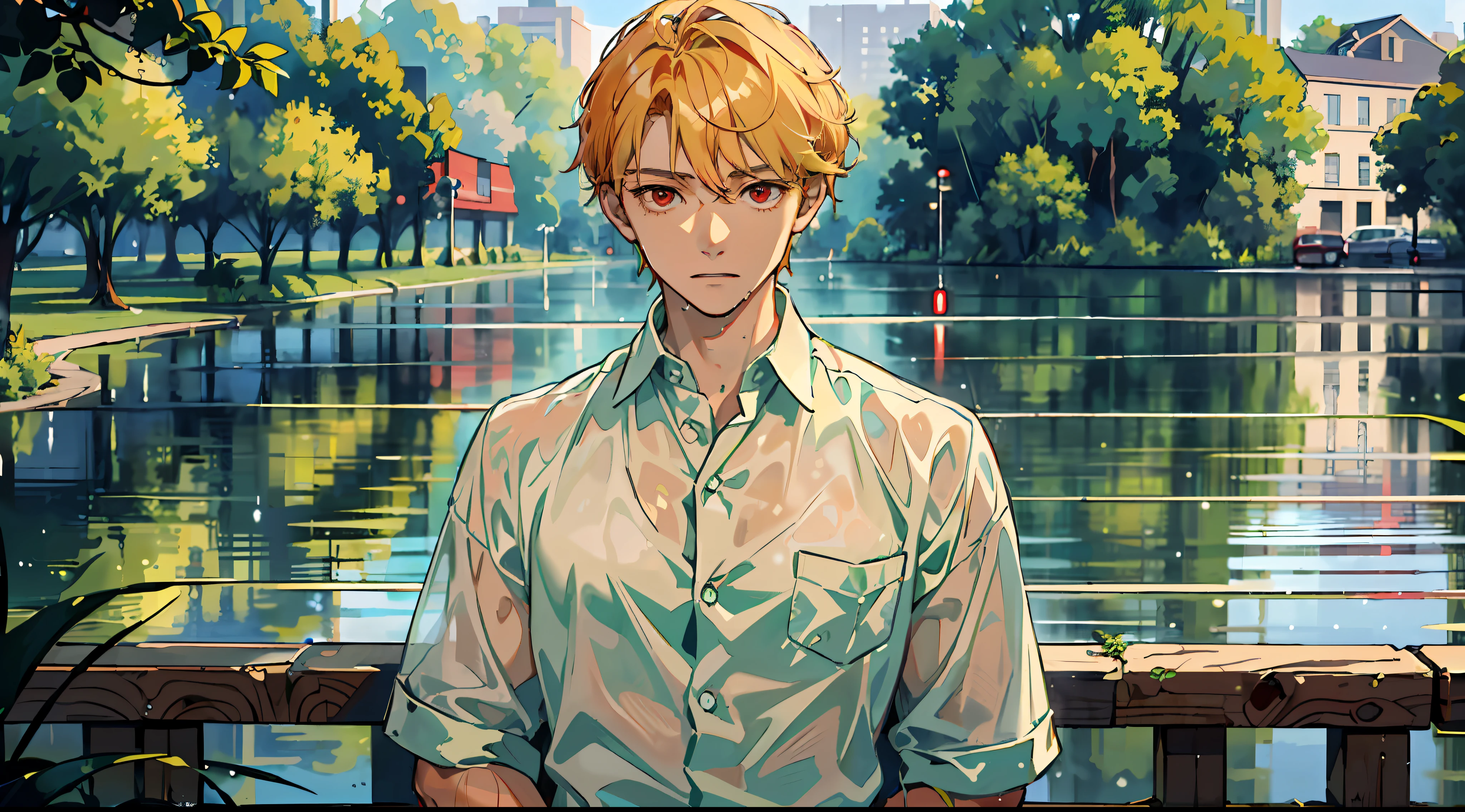 (Masterpiece: 1.4, top quality), two boys, (Wet shirt with cute young man and green hair and big eyes: 1.2), (Wet shirt with red eyes with very short blonde hair with cool young man: 1.2), a park where it rains a lot