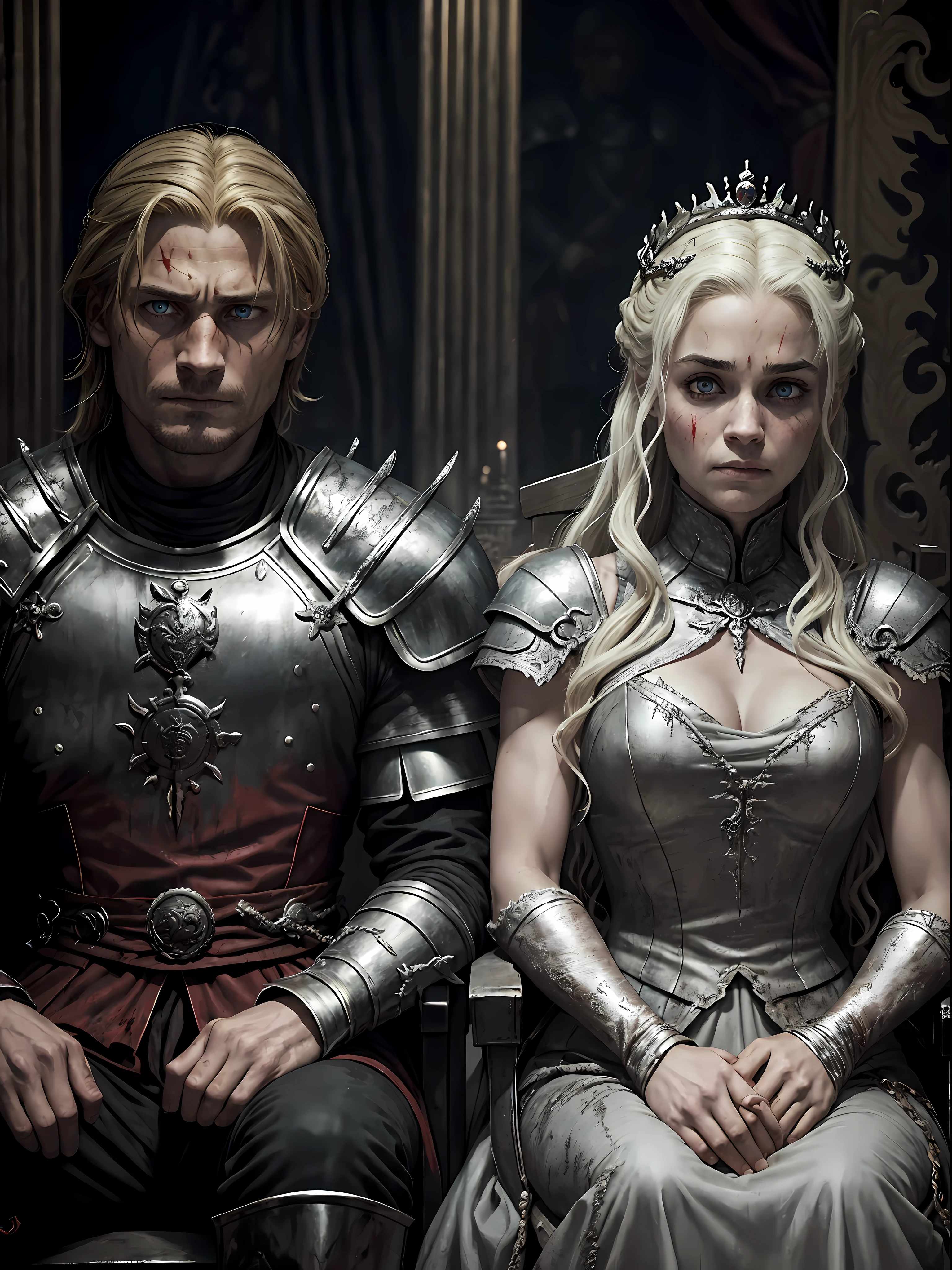 Evil Couple, after fight, blood everywhere, Tired, Ripped clothes, damaged armor, Evil, glowing red eyes, Smirk, in the throne room, scar on eyes, Messed up hair, a Targaryen and a Lannister, Jaime Lannister and Daenerys Targaryen, Crowns