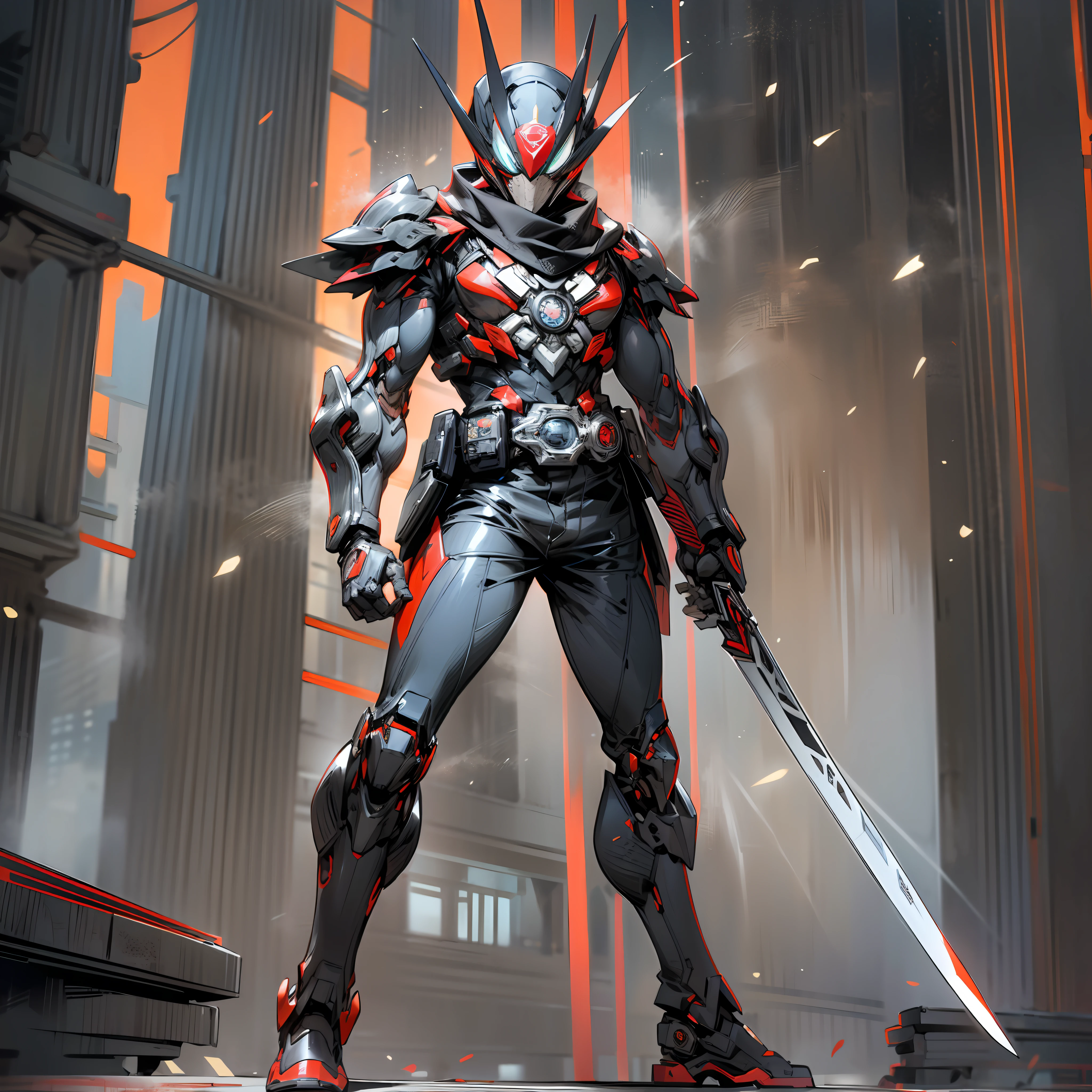 Kamen Rider's belt, handsome belt, high-tech style, gray and red color scheme, regular graphics, energy source,