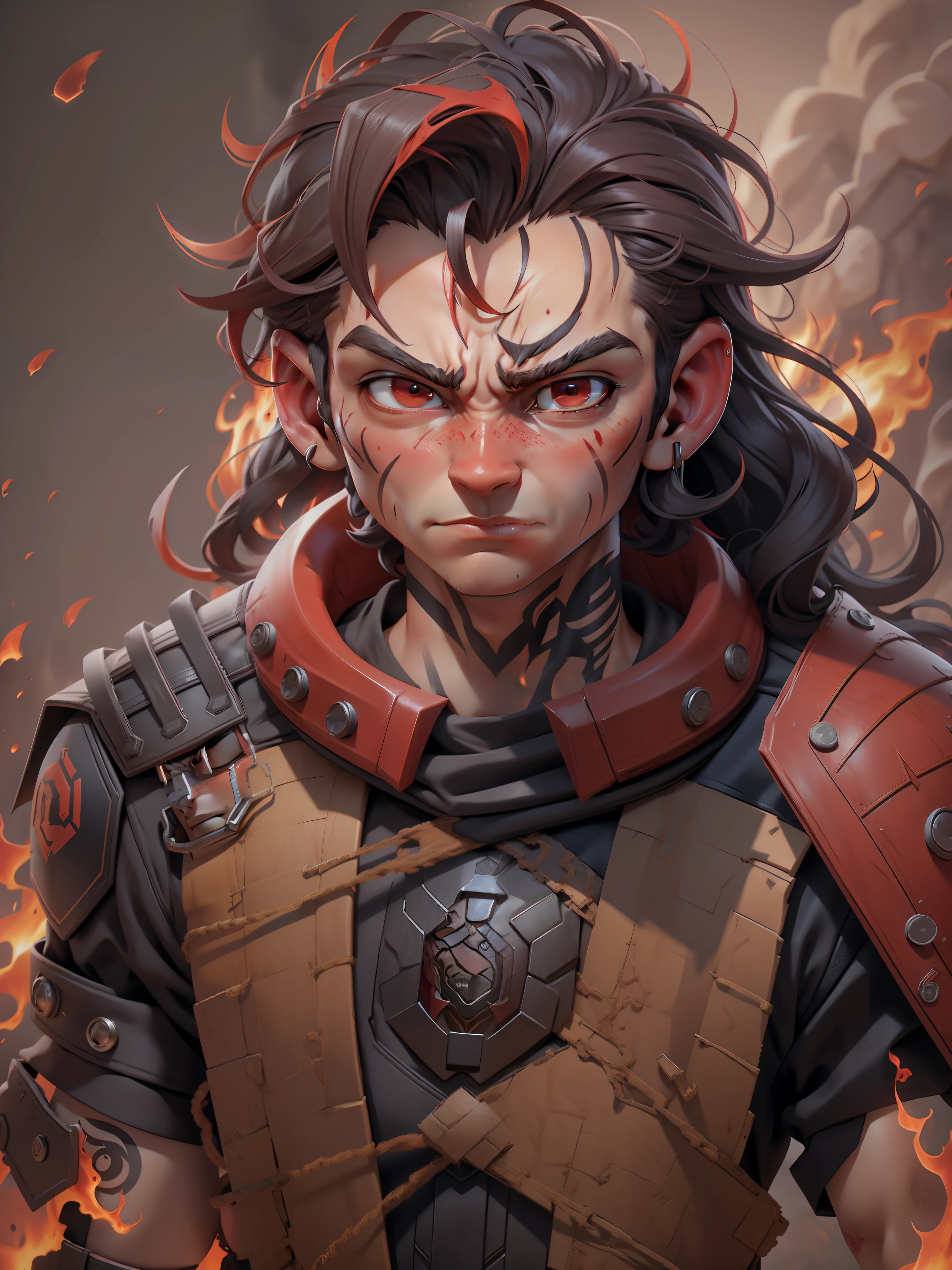 half body portrait of angry boy with red skin, detailed skin, horn on the forehead, terrible look to the camera, tattoos, ancient fantastic suit, detailed suit, 8K , super details, fire and smoke in background, blurred background, sharp focus, dynamic pose