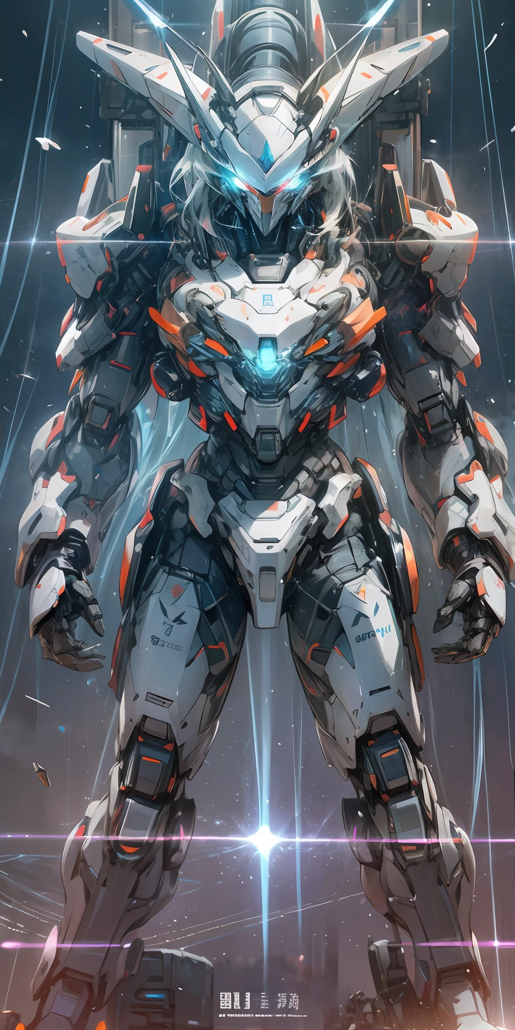 Cool mecha core style, mecha concept art, girl standing in front of the machine, blue eyes, long white hair, thin body, body made of semi-mechanics, laser spandex oil shiny luster glowing pattern, energy light, thunder electric magic, haze rain and thunder, raindrops, warm cold light, blue and violet light, details, big background. Dark gray Decepticons, huge mech robots, intricate glowing mech armor, future transformation giant robots,