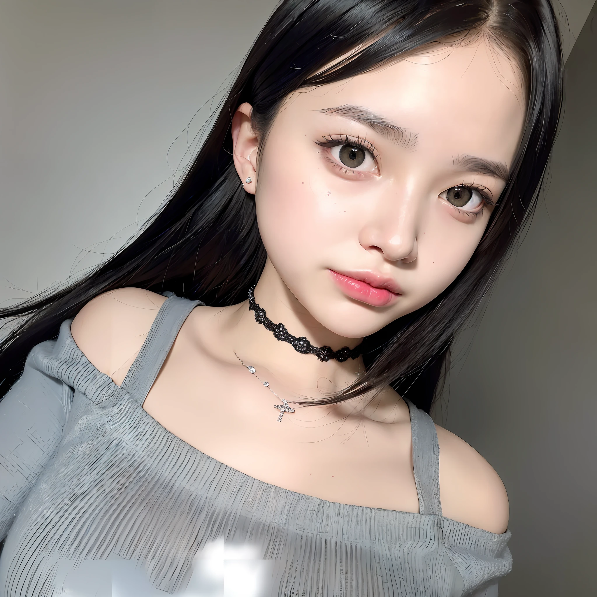a RAW Photo of girl, (masterpiece:1.1), best quality, ultra high res, high detailed, (photorealistic:1.4), sharp, focus, face detail, (eyebrow piercing:1.1), detailed eyes, detailed face, 1girl, off-shoulder white shirt, black tight skirt, black choker, (faded ash gray hair:1.2), (huge breasts:1.1), looking at viewer, closeup