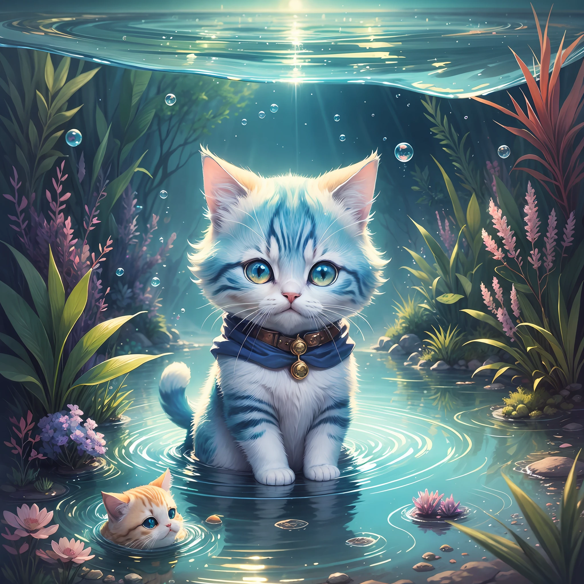 Fantasy setting with chibi and hyperrealistic style, soap bubbles in the air, high saturation of colors in an aquatic environment with a cute cat, in a magical and fantastic style --auto --s2