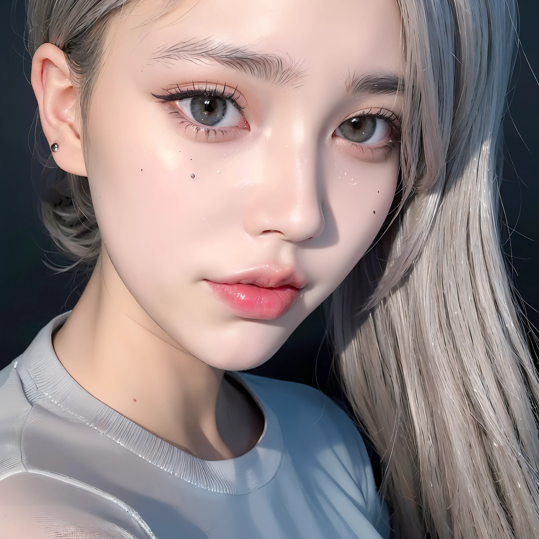 a RAW Photo of girl, (masterpiece:1.1), best quality, ultra high res, high detailed, (photorealistic:1.4), sharp, focus, face detail, (eyebrow piercing:1.1), detailed eyes, detailed face, 1girl, off-shoulder white shirt, black tight skirt, black choker, (faded ash gray hair:1.2), (huge breasts:1.1), looking at viewer, closeup