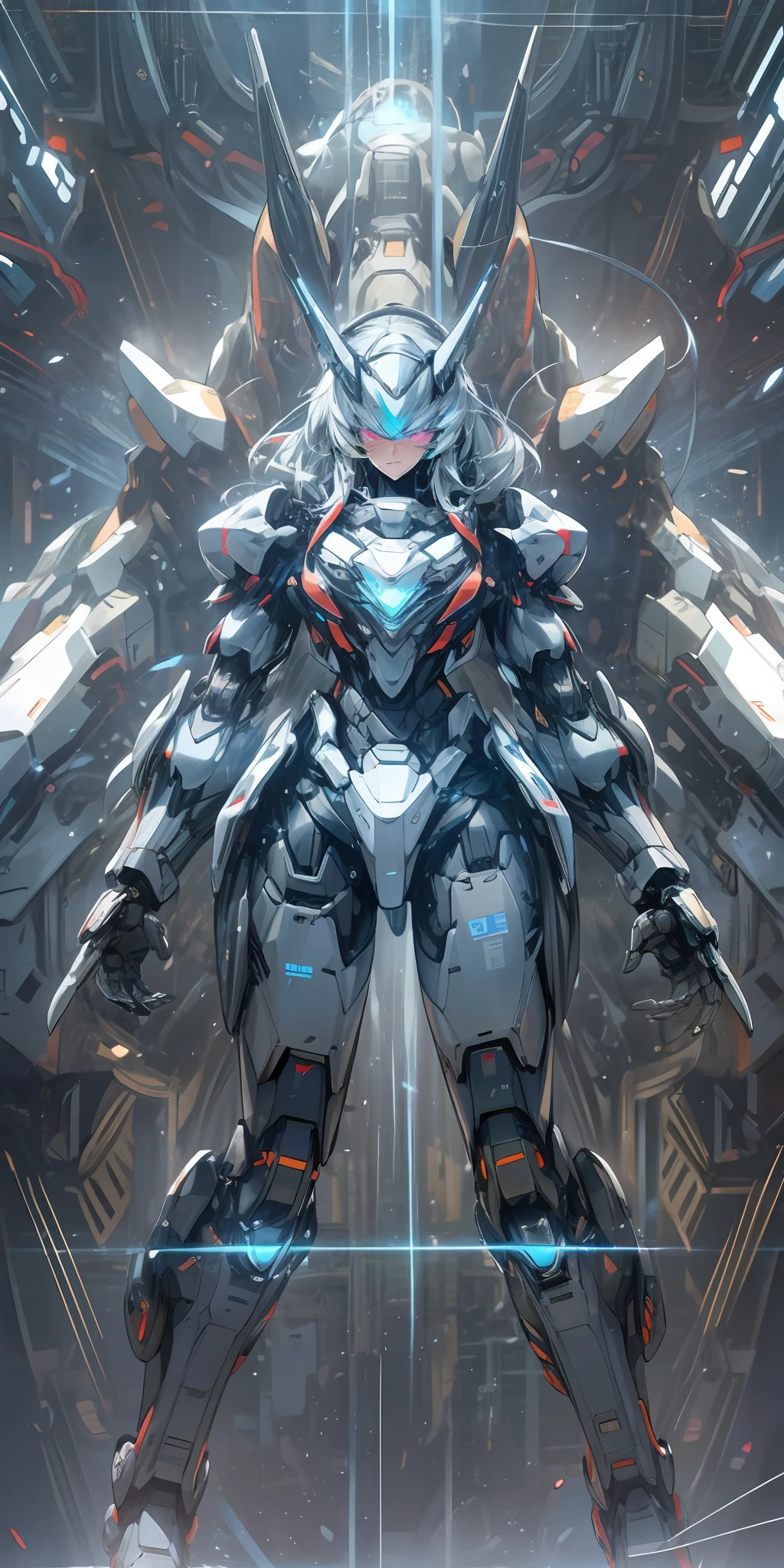 Cool mech core style, mecha concept art, dark gray Decepticon, huge mech robot, intricate glowing mech armor, future transformation giant robot. Behind the girl was a giant mecha machine, the size of the machine was very large, and it seemed to be more than ten meters tall. The surface of the machine has a lot of mechanical devices and armor, which looks very strong. The girl stood in front of the machine, blue eyes, long white hair, thin figure, semi-mechanical body, laser spandex oil shiny shiny shiny glowing lines. Energy light, thunder electric magic, haze rain thunder, raindrops, warm cold light, blue violet light, details, big background.