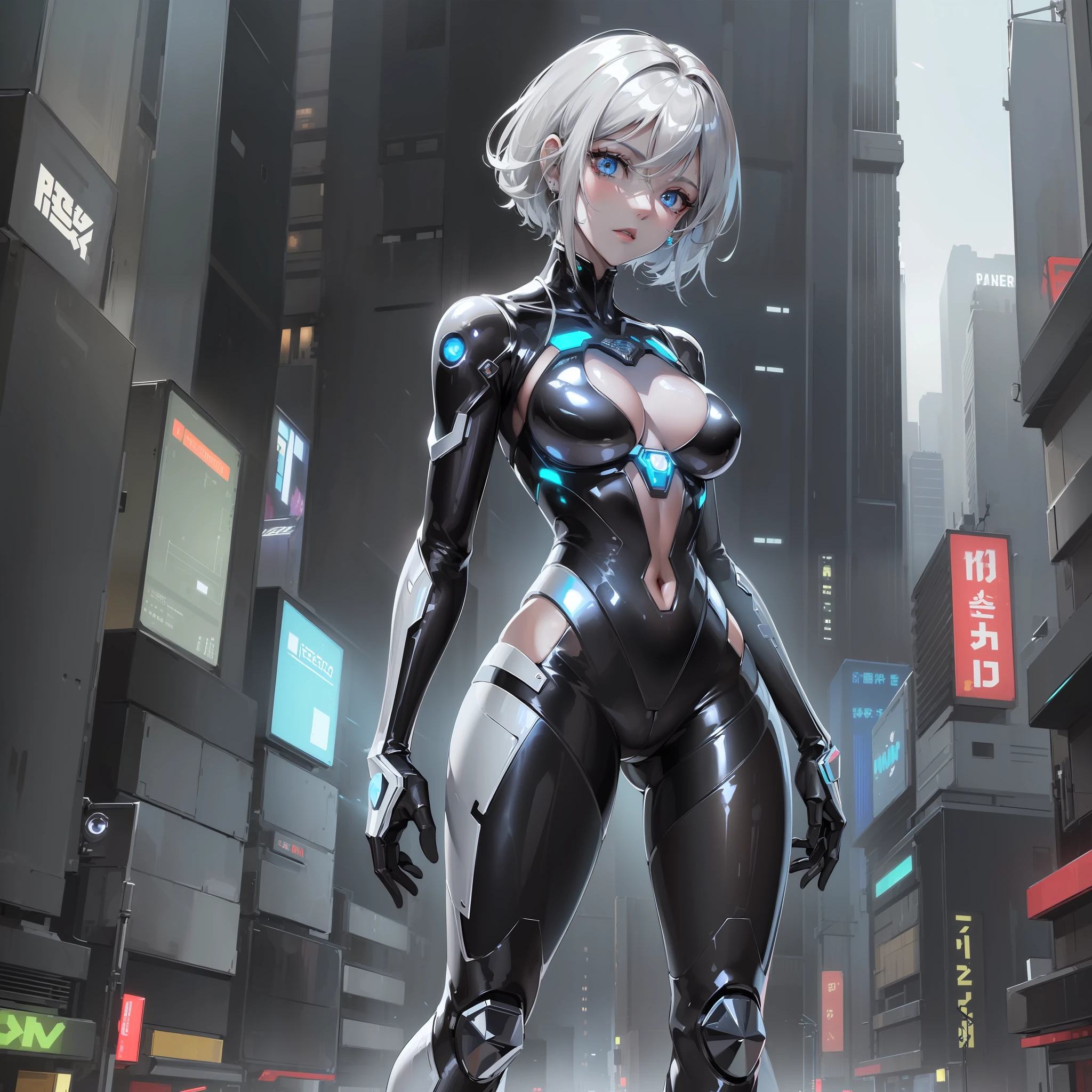 (highest quality, masterpiece, ultra high definition), (short hair, silver), (jewel-like eyes, cybernetic), (cyberpunk style, shiny black skin tight suit, transparent high-tech material, internal circuits and energy flow visible)