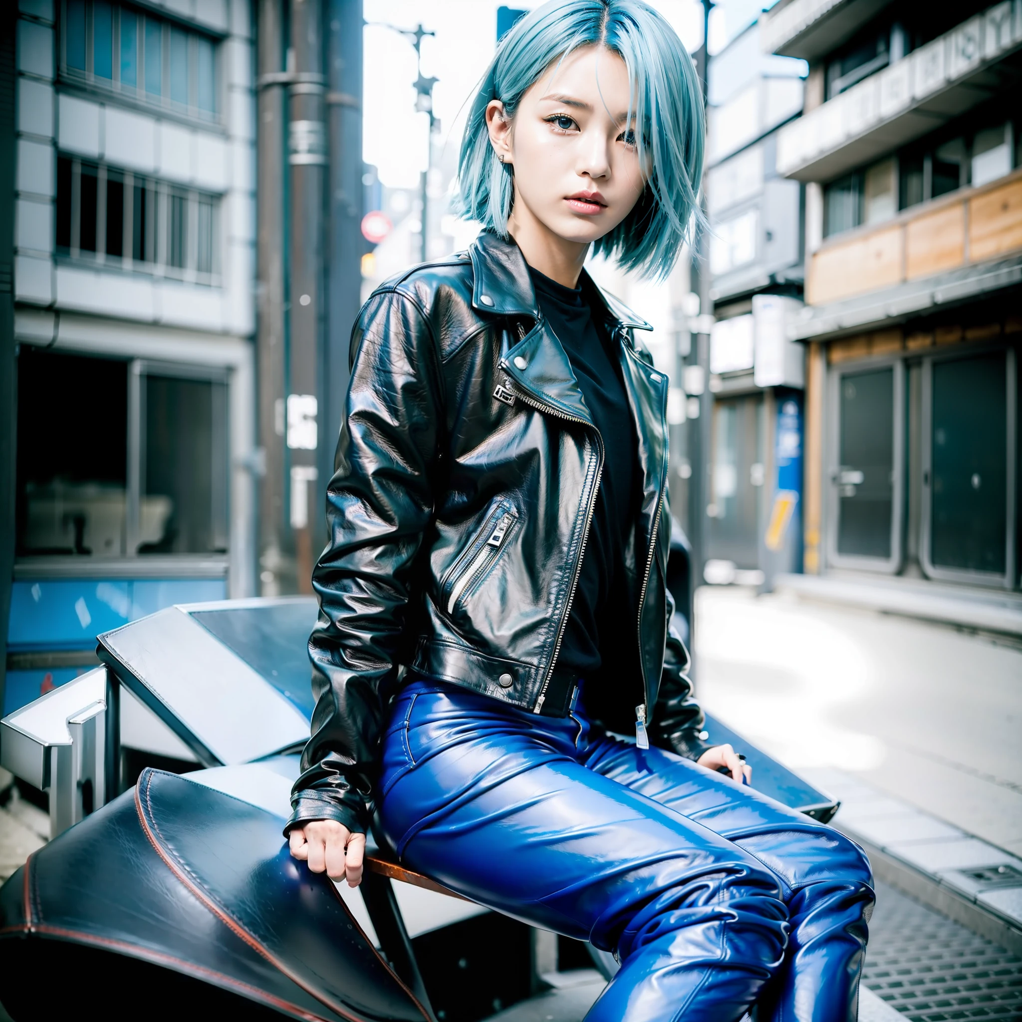 Japan Female 18 years old Portrait Boyish Cool Blue Riders Jacket Leather Pants Leather Boots 180cm F Cup Blue Hair Shortcut