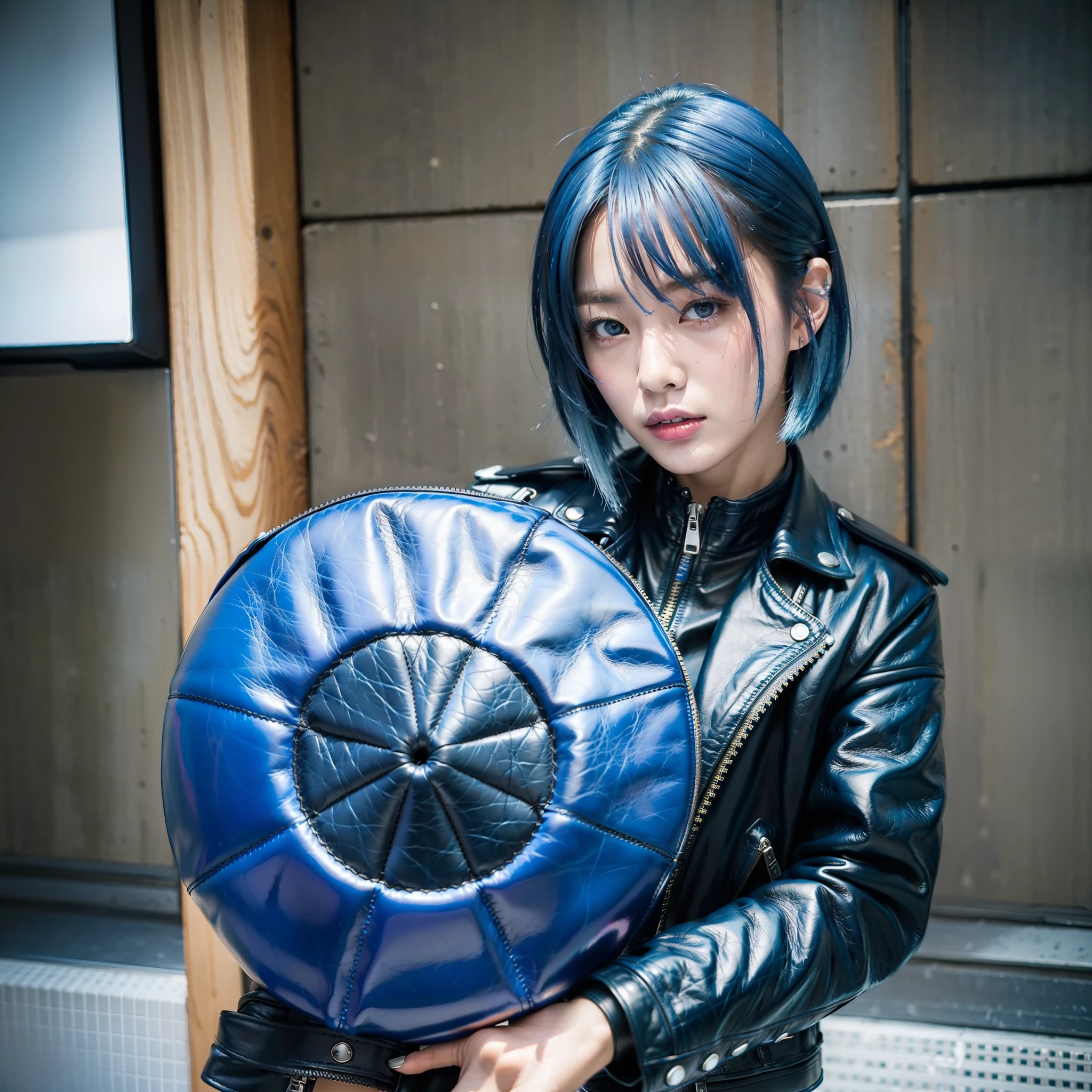 Japan Female 18 years old Portrait Boyish Cool Blue Riders Jacket Leather Pants Leather Boots 180cm F Cup Blue Hair Shortcut