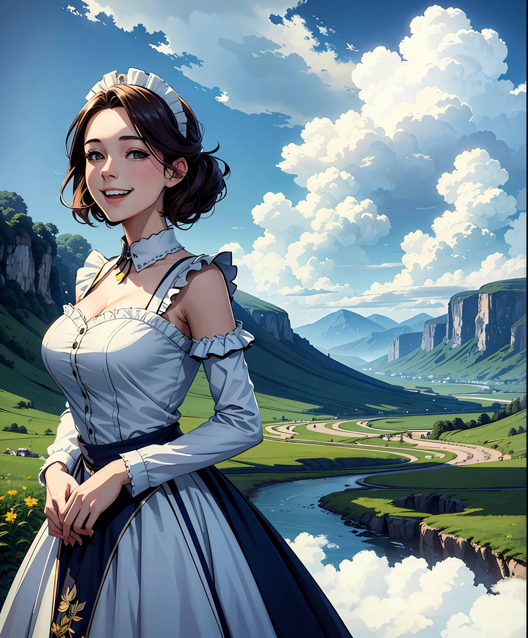 Portrait of beautiful 25 year old girl laughing out loud, cloudy sky background, lush landscape illustration, concept art, maid, pinterest, art station, lou art