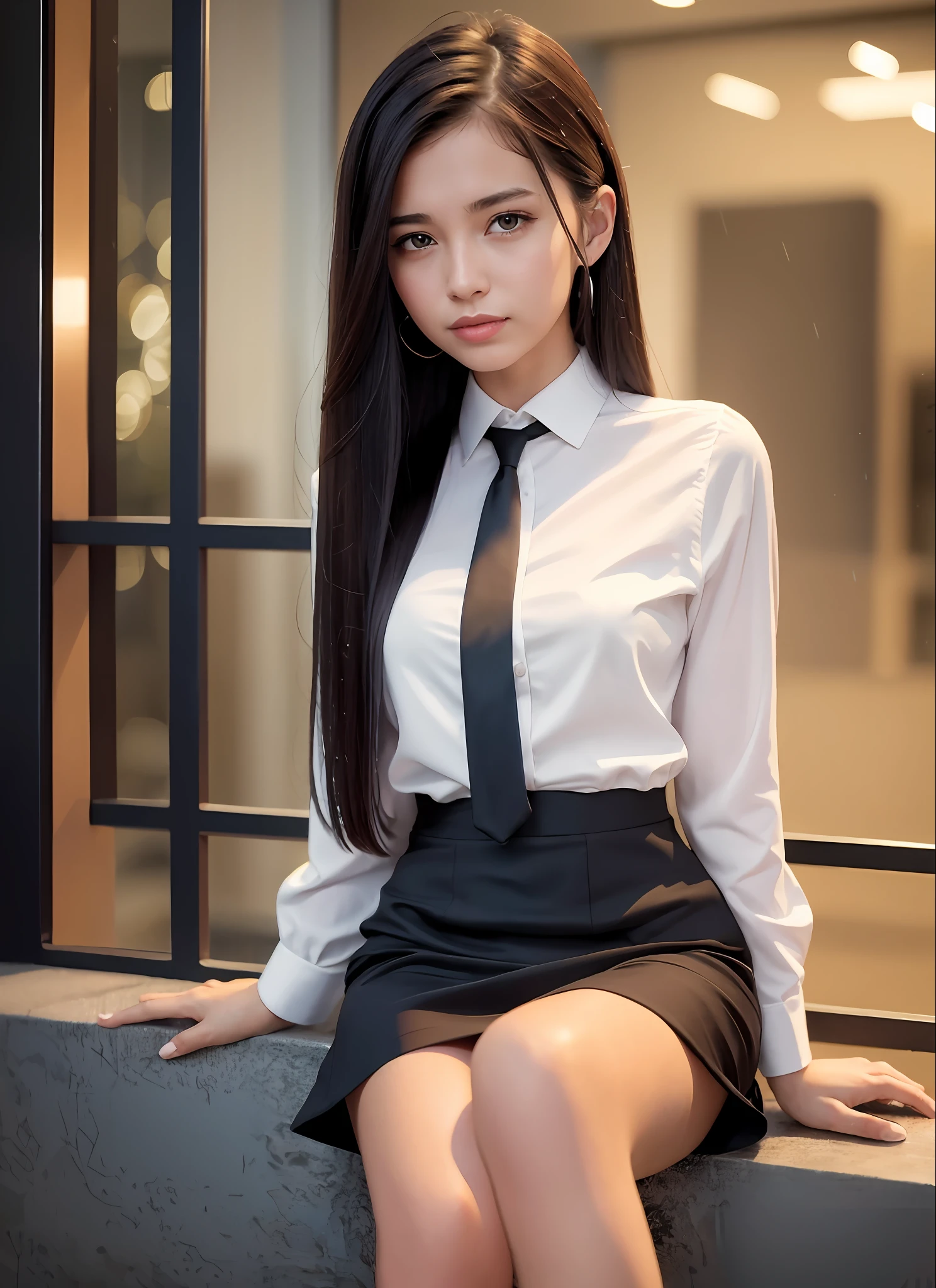 8K, best quality, masterpiece: 1.2) , super details, 1 girl, cute, independent, beautiful details sky, details cafe, night, sit down, date, (nose red) , sweet smile, (Smile: 1.15) , (shut up) small breasts, small beautiful details eyes, Turkish, (collar shirt: 1.1) , black and white business attire, night, wet, business dress, rain, long hair, brunette, flowing hair, NovaFrog style, cat,