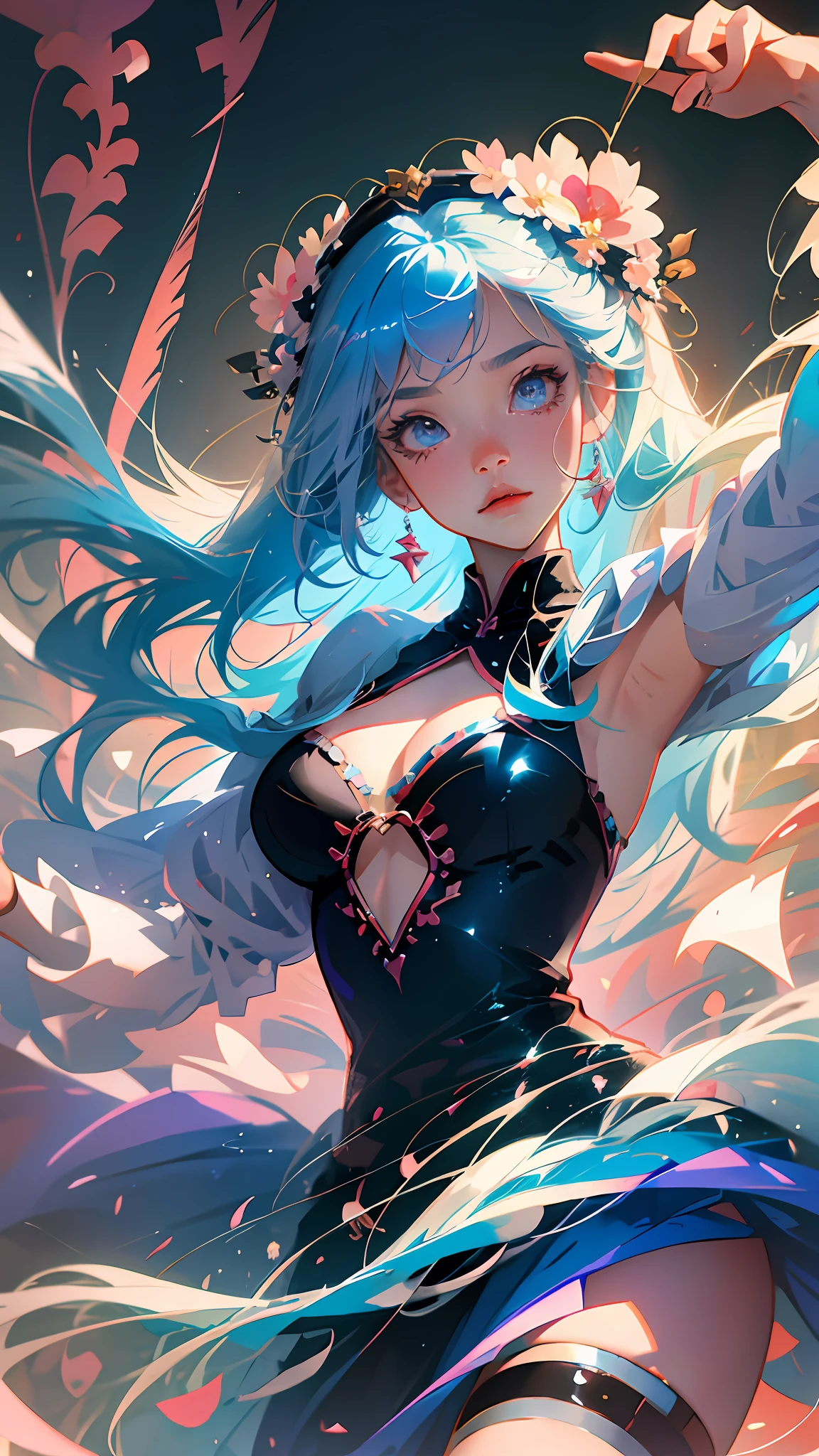 anime girl with blue hair and blue eyes and a flower in her hair, dancing ,anime art wallpaper 8 k, detailed digital anime art, anime style 4 k, anime art wallpaper 4k, anime art wallpaper 4 k, trending on artstation pixiv, digital art on pixiv, 8k high quality detailed art, best anime 4k konachan wallpaper