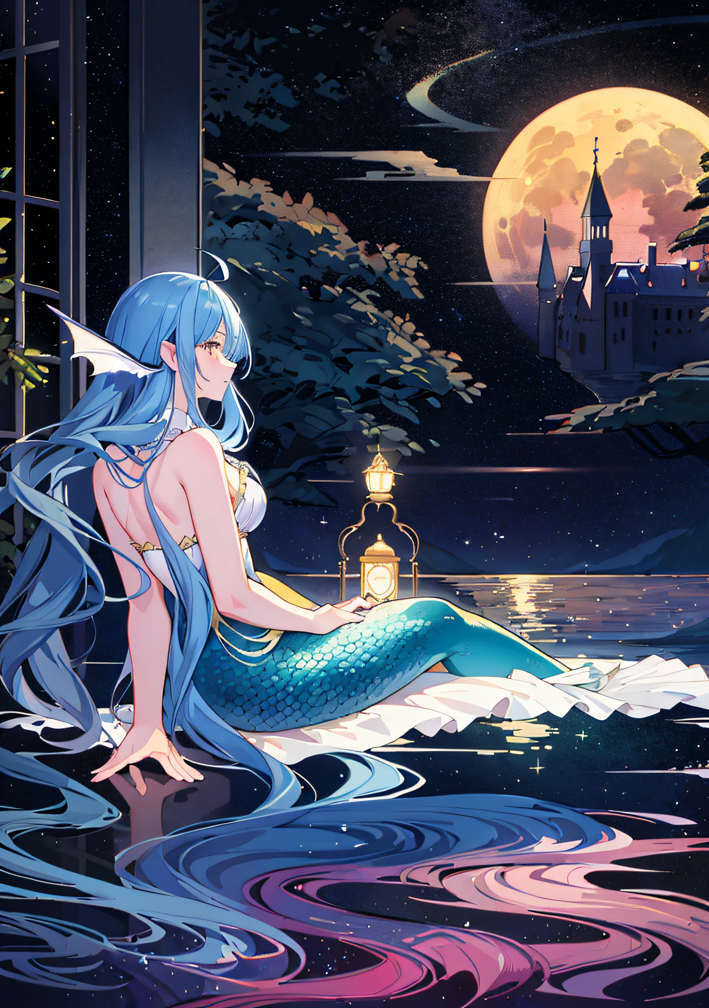 ((masterpiece, highest quality, best quality)), picture of a mermaid sitting on the shore against the background of delicate sea, delicate hair, yellow full moon, view of castle in the distance, night view dimly visible on sea horizon, mermaid princess, (blue hair), purple mermaid fins, night, beautiful mermaid, illustration!, beautiful illustration, beautiful artwork illustration, mermaid, beautiful digital illustration, illustration», Inspired by Cyril Roland, dreamy illustration, mermaid in the distance, moonlight fish eye illustrator, illustration