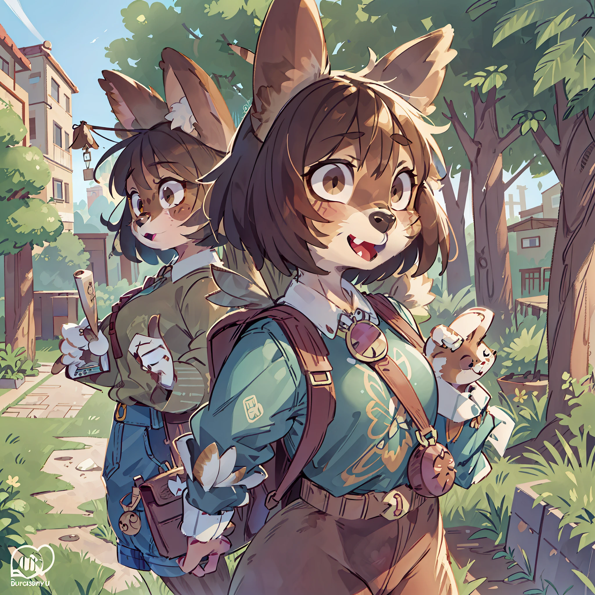 super fine illustration, best quality, summer outfit, outdoor, magazine cover, upper body, contrapposto, backpack, badge, bag, bag charm, bookbag, handbag, pocket, pouch(Highly Detailed Beautiful Face and Eyes) absurdres, Perfect Anatomy((furry girl))(((furry)))(furry anthro:1.7)((rabbit Facial Features, rabbit Body Features))((rabbit ears, Highly Detailed Body Fur))joyful smile,