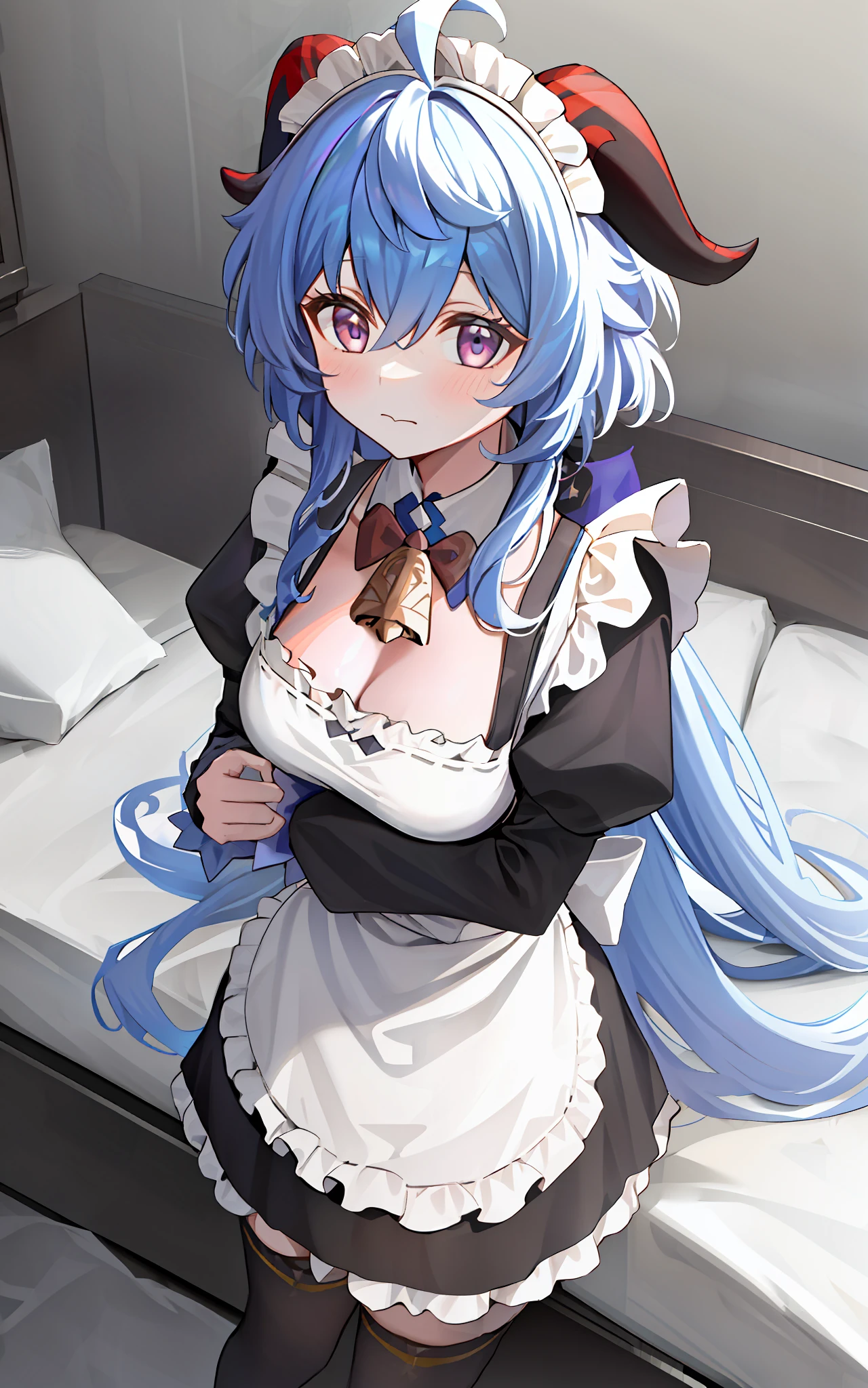 ((8K,masterpiece, best quality)),
1girl, solo, ganyu (genshin impact), breasts, horns, maid, long hair, thighhighs, blue hair, ahoge, looking at viewer, white thighhighs, holding, blush, maid headdress, apron, alternate costume, frills, cleavage, enmaided, bangs, dress, short sleeves, zettai ryouiki, black dress, purple eyes, medium breasts,  goat horns, frilled dress, very long hair, standing, puffy sleeves, closed mouth, maid apron, sidelocks, white apron, cowboy shot, puffy short sleeves, simple background, red eyes, frilled apron, hair between eyes,