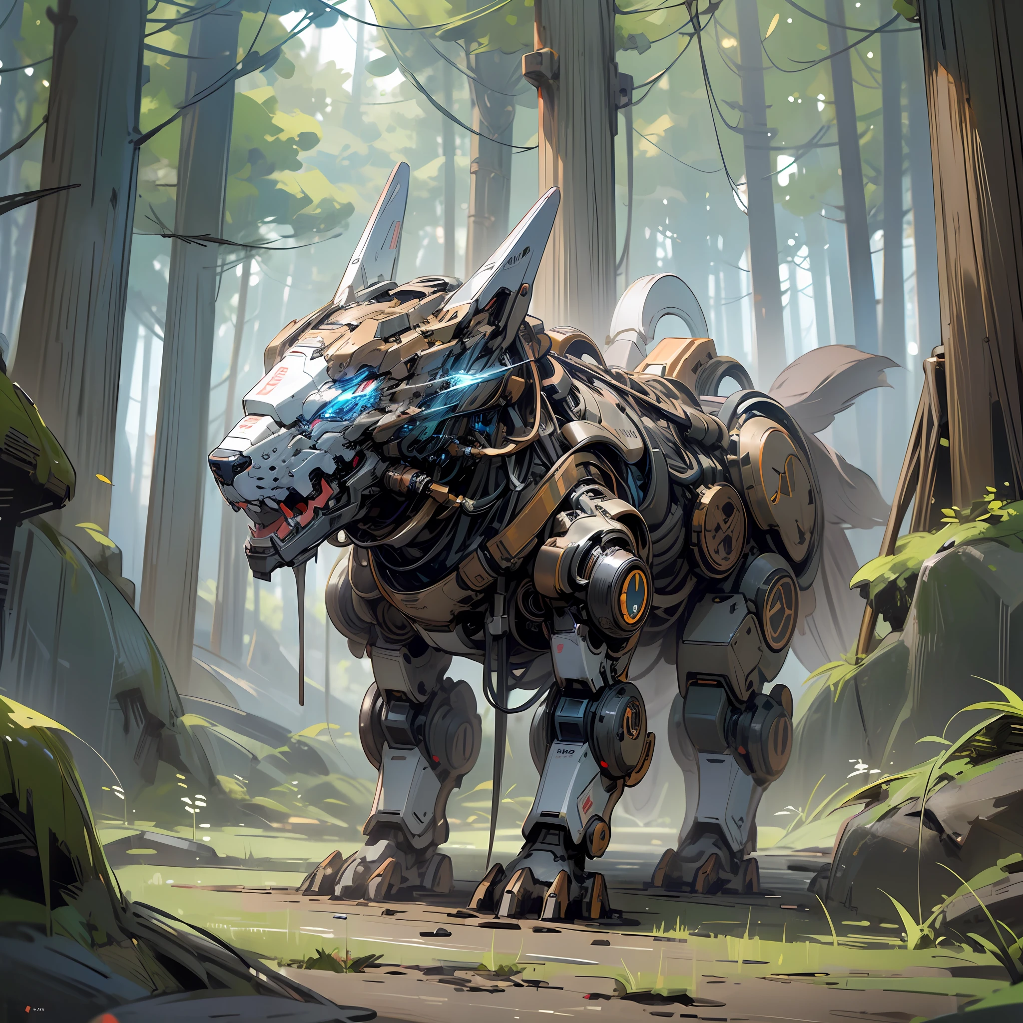 ((Top Quality, 8k, Masterpiece: 1.3)), dog made of metal, super definition, blue eyes, robot, cute, eyes beautiful, once you see it, don't forget, background forest, body natural color, machine, cute, fine --auto --s2