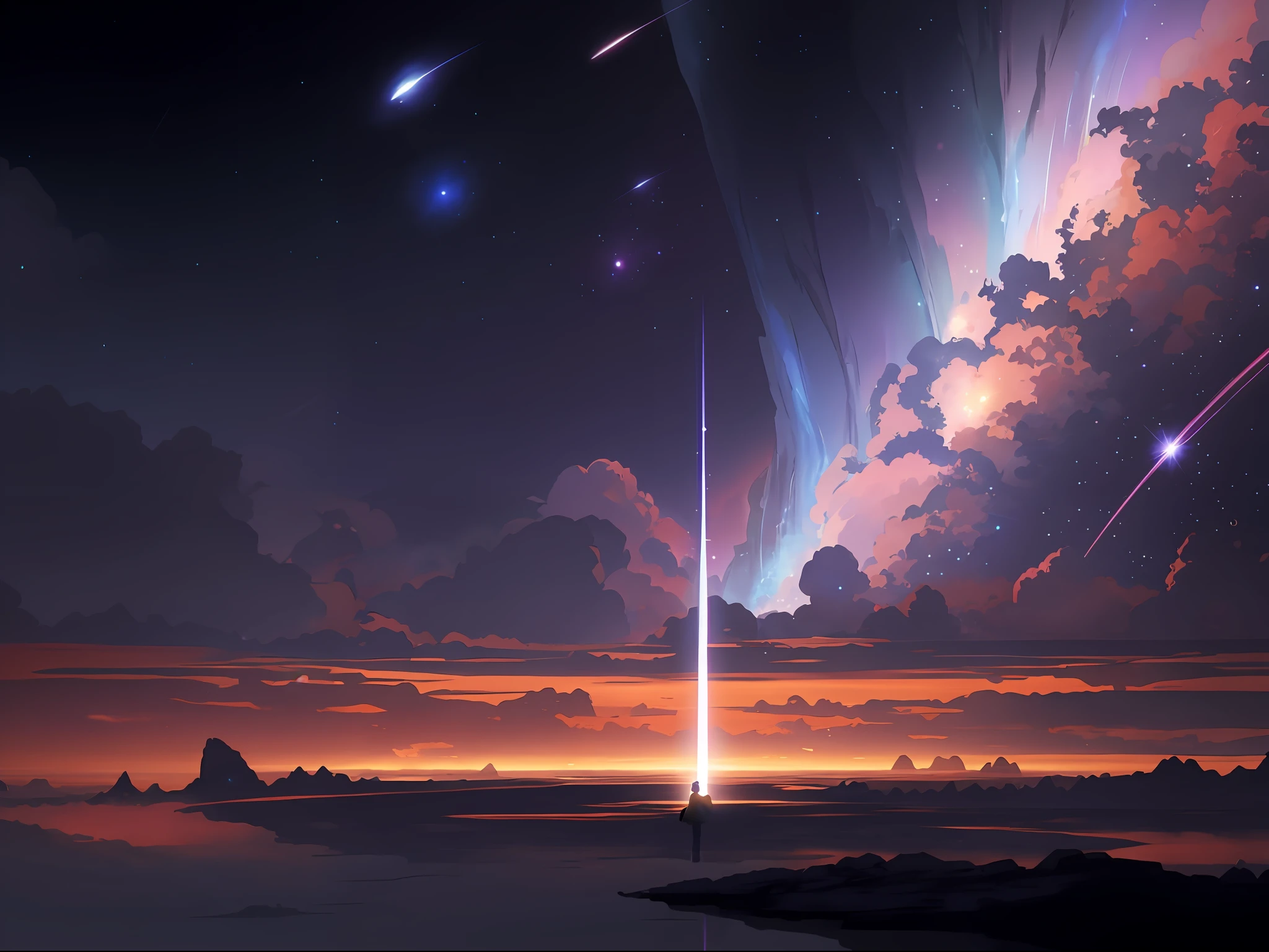 anime, a man standing on a cliff looking at a star filled sky, concept art wallpaper 4k, cosmic skies. by makoto shinkai, inspired by Christopher Balaskas, anime art wallpaper 4k, anime art wallpaper 4 k, by Christopher Balaskas, anime art wallpaper 8 k, 4 k hd illustrative wallpaper, beautiful art uhd 4 k