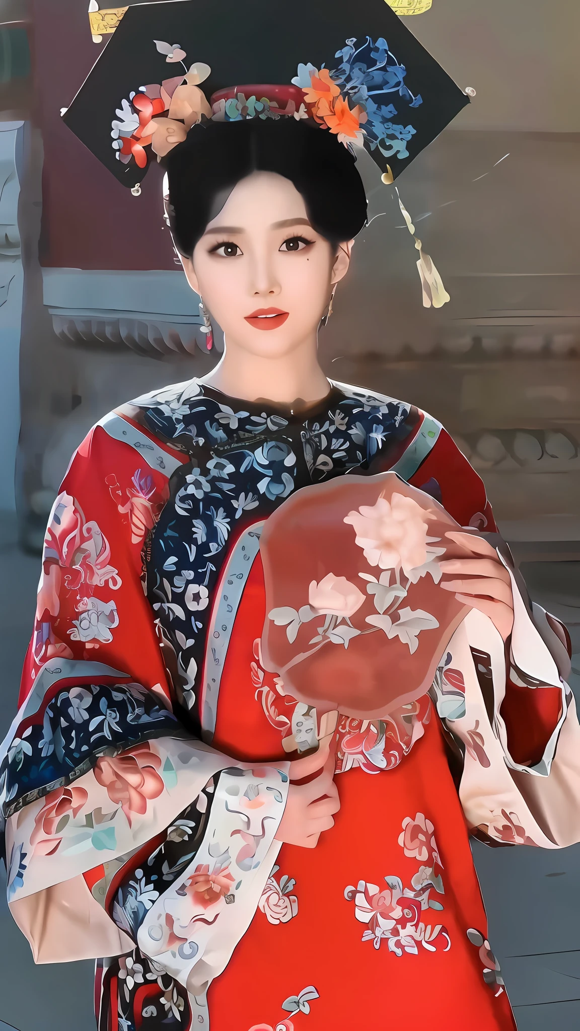 Araki woman in red dress, holding a red and blue umbrella, palace, girl in Hanfu, wearing ancient Chinese costume, with ancient Chinese clothing, traditional beauty, Chinese Traditional, ancient Chinese princess, Chinese costume, Chinese queen, Chinese traditional costume, Chinese princess, inspired by Qiu Ying, wearing gorgeous silk clothing, Chinese style, ancient Chinese beauty, super high image quality, high resolution, 8k,