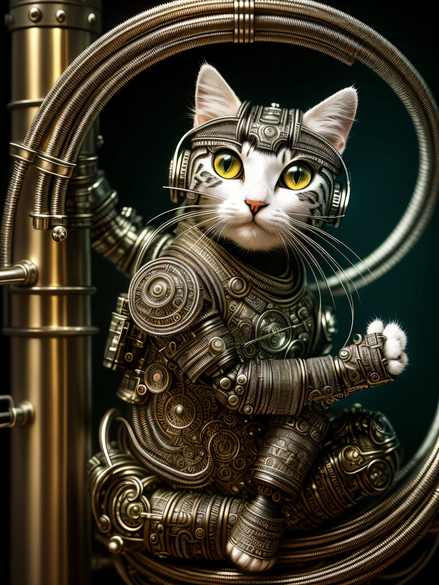 a cute kitten made out of metal, (cyborg:1.1), ([tail | detailed wire]:1.3), (intricate details), hdr, (intricate details, hyperdetailed:1.2), cinematic shot, vignette, centered, painting in the style of rembrandt