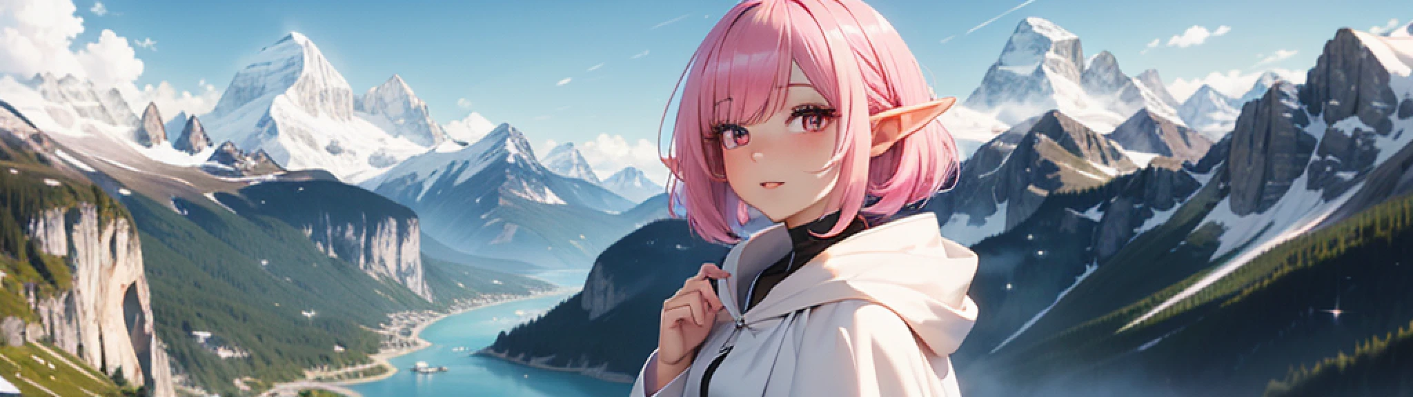 "(Ultra High Quality),(Ultra High Definition),(Superb Masterpiece),(Elf Woman with Beautiful Pink Bob Hair: 1.3)", 158cm Tall, (White Cloak: 1.2), Beautiful Eyes, ((View) Alpine Peak)", Long Shot