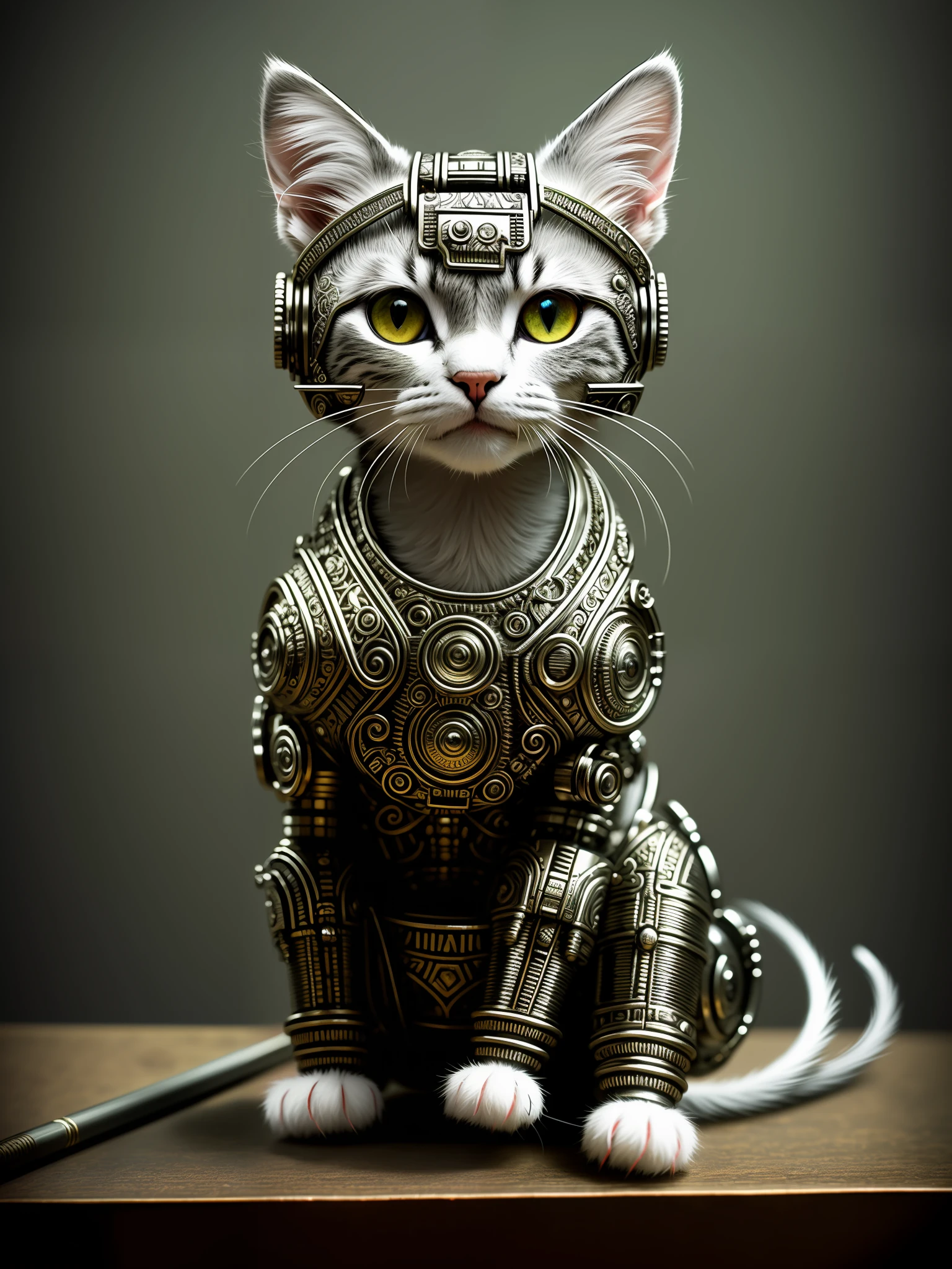 a cute kitten made out of metal, (cyborg:1.1), ([tail | detailed wire]:1.3), (intricate details), hdr, (intricate details, hyperdetailed:1.2), cinematic shot, vignette, centered, painting in the style of rembrandt
