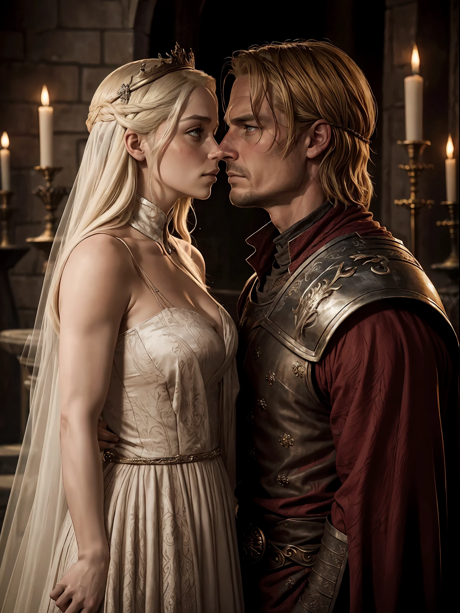 Romantic Couple, in the throne room, scar on eyes, Messed up hair, a Targaryen and a Lannister, Jaime Lannister and Daenerys Targaryen, Crowns, kissing