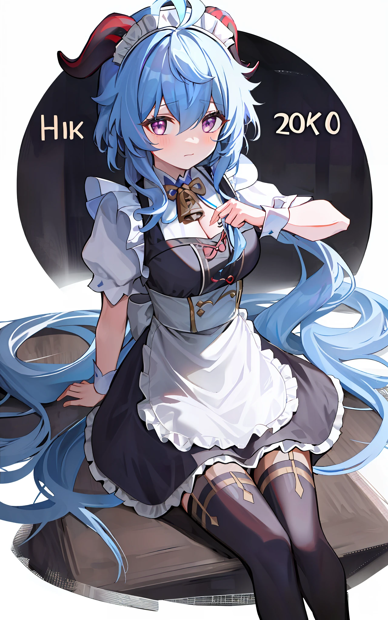 ((8K,masterpiece, best quality)),
1girl, solo, ganyu (genshin impact), breasts, horns, maid, long hair, thighhighs, blue hair, ahoge, looking at viewer, white thighhighs, holding, blush, maid headdress, apron, alternate costume, frills, cleavage, enmaided, bangs, dress, short sleeves, zettai ryouiki, black dress, purple eyes, medium breasts, goat horns, frilled dress, very long hair, standing, puffy sleeves, closed mouth, maid apron, sidelocks, white apron, cowboy shot, puffy short sleeves, simple background, red eyes, frilled apron, hair between eyes,
