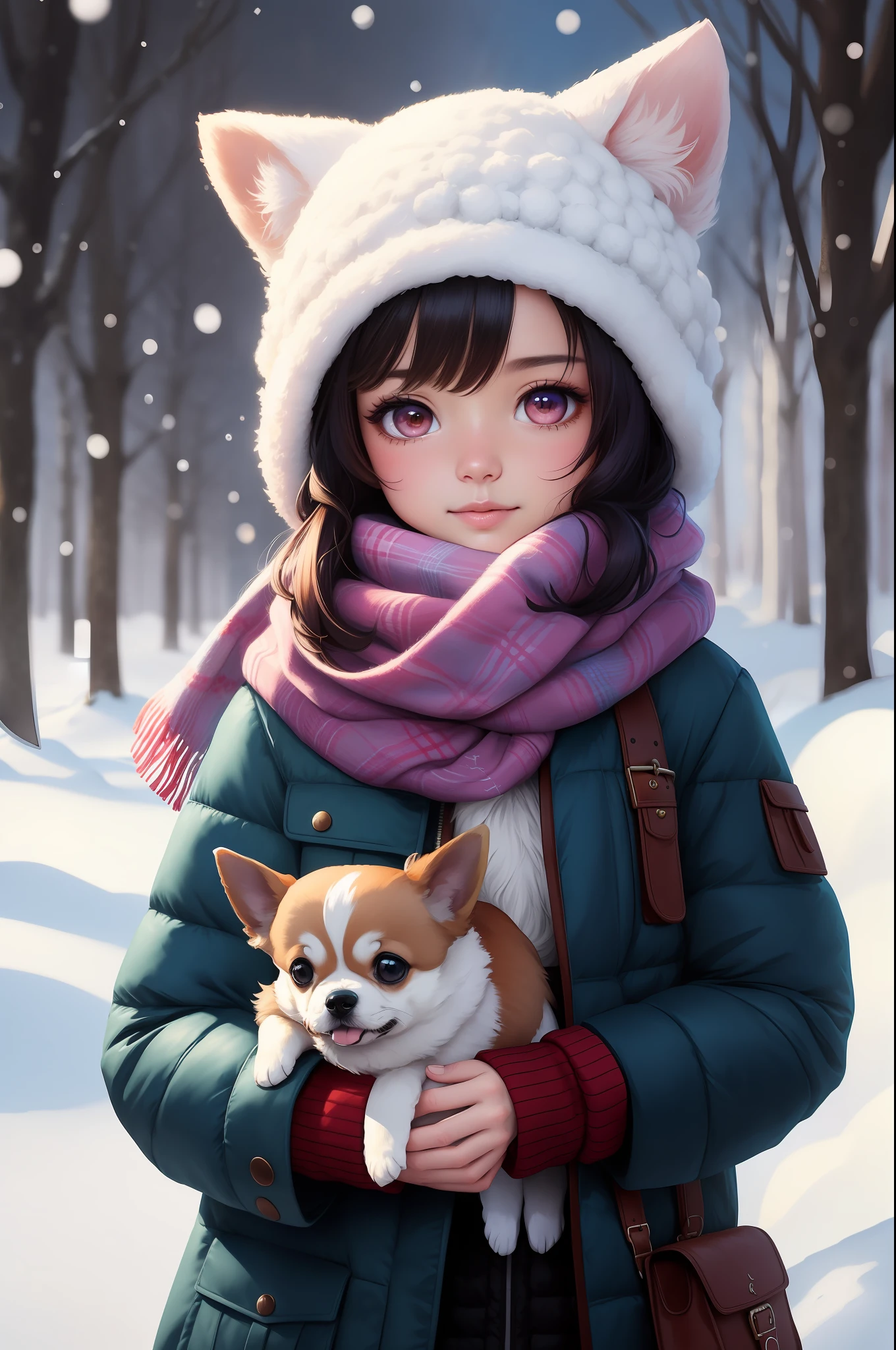 Style-NebMagic, Portrait of a round fluffy baby chihuahua DOG wearing a scarf made of Style-SylvaMagic in the snow, by Ismail Inceoglu, Gazelli, James Jean, Anton Fadeev and Yoshitaka Amano, insanely detailed, 8k resolution, digital art, trends in fashion arts station, vibrant colors, chibi style, a masterpiece, adorable and friendly