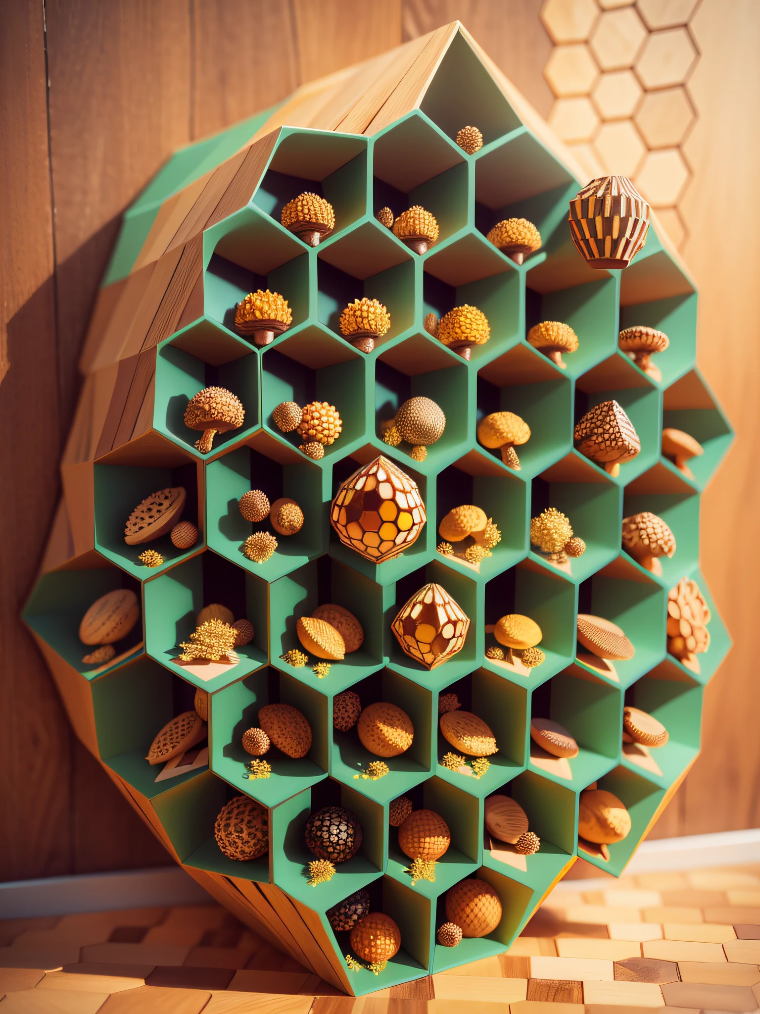 The wooden hexagonal shape of the honeycomb is close in color to the hive, and the hexagonal surface of the hive is perpendicular to the ground, and small objects such as stationery are placed inside --auto --s2