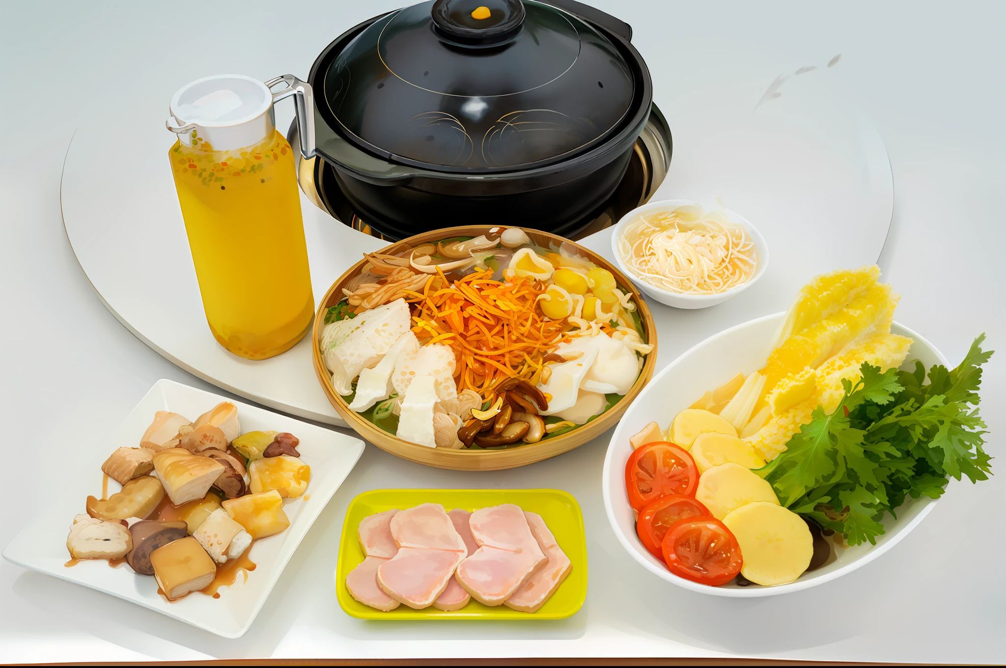 there are many different foods on the table with a pot of soup, daopao, easy go, yummy, healthy, warm and joyful atmosphere, easy, korean supper, daoshu, dish, in style of pan ren wei, ❤🔥🍄🌪, beautiful image, ingredients on the table, f 2. 0, composite, soft - warm