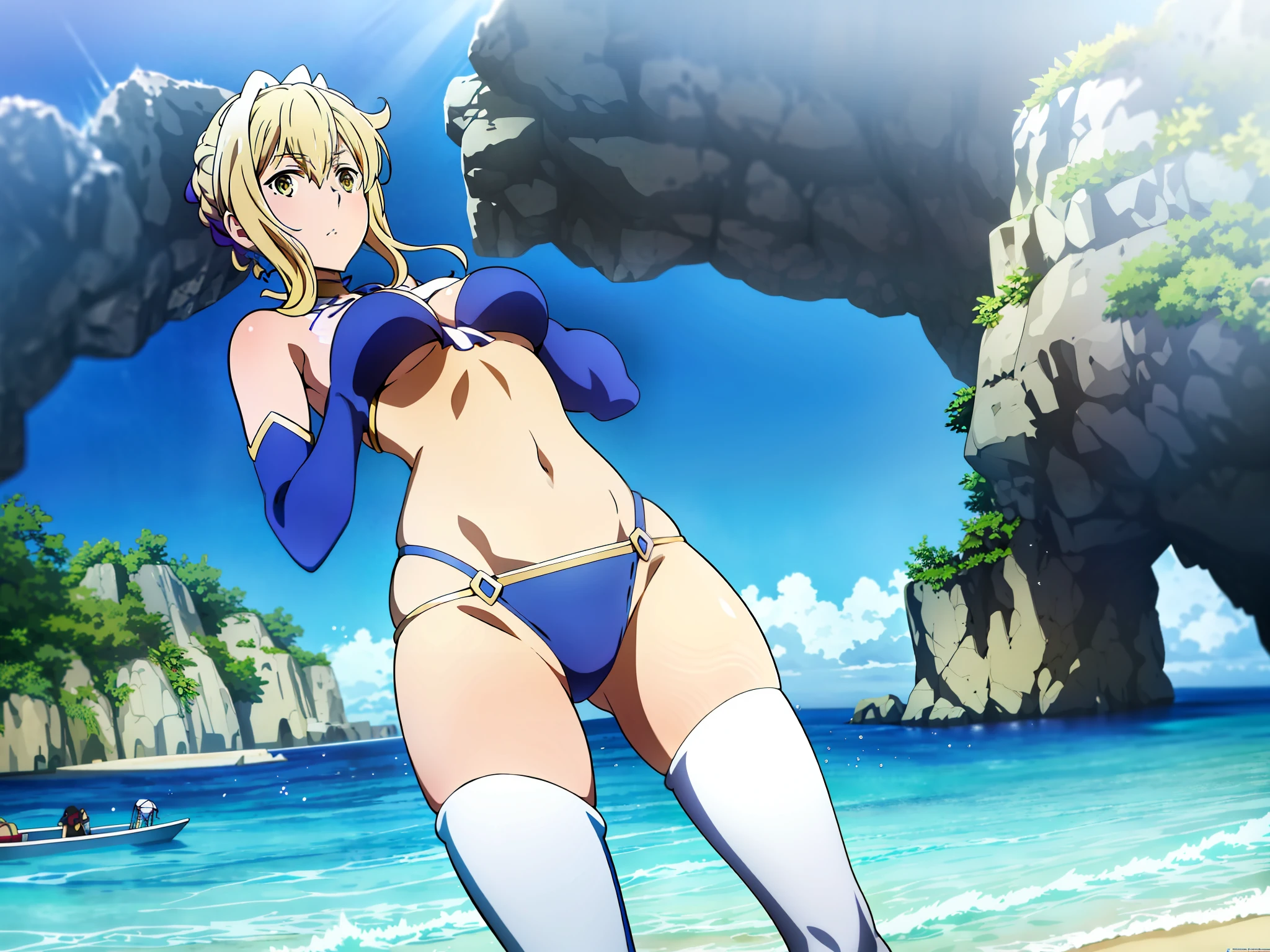 anime girl in a bikini standing on a beach near the ocean, violet evergarden, official anime still, is wearing a swimsuit, aqua from konosuba, official art, official studio anime still, today's featured anime still, alicization, on a sunny beach, in a gold one piece swimsuit, violet evergarden, high quality anime movie still,