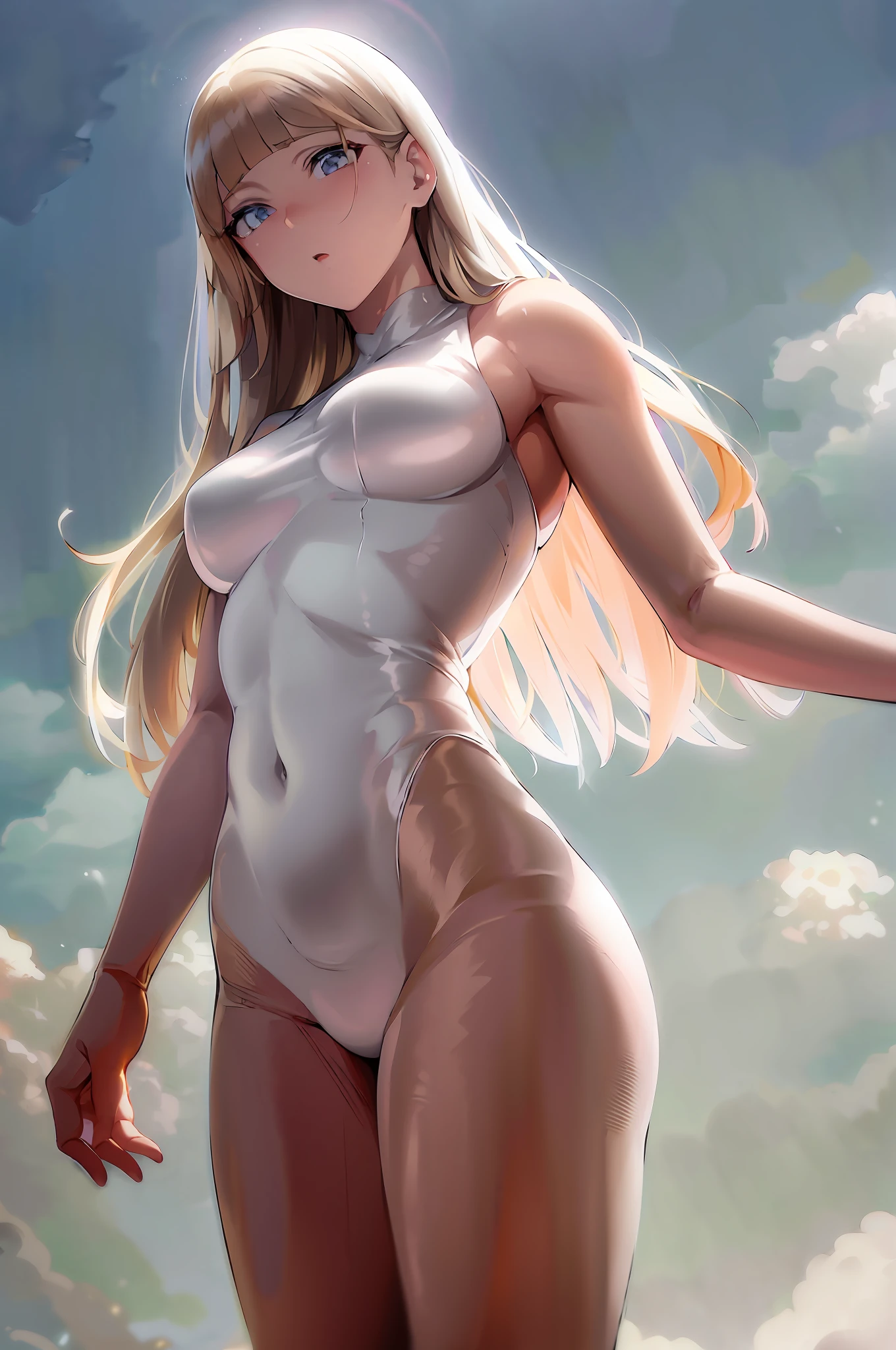 arafed woman in a white bodysuit posing on a beach, blonde goddess, shiny white skin, wearing white leotard, swimsuit, smooth translucent white skin, white shiny skin, perfect white haired girl, photorealistic perfect body, bodysuit, with white long hair, is wearing a swimsuit, ross tran 8 k, flowing white hair, translucent body