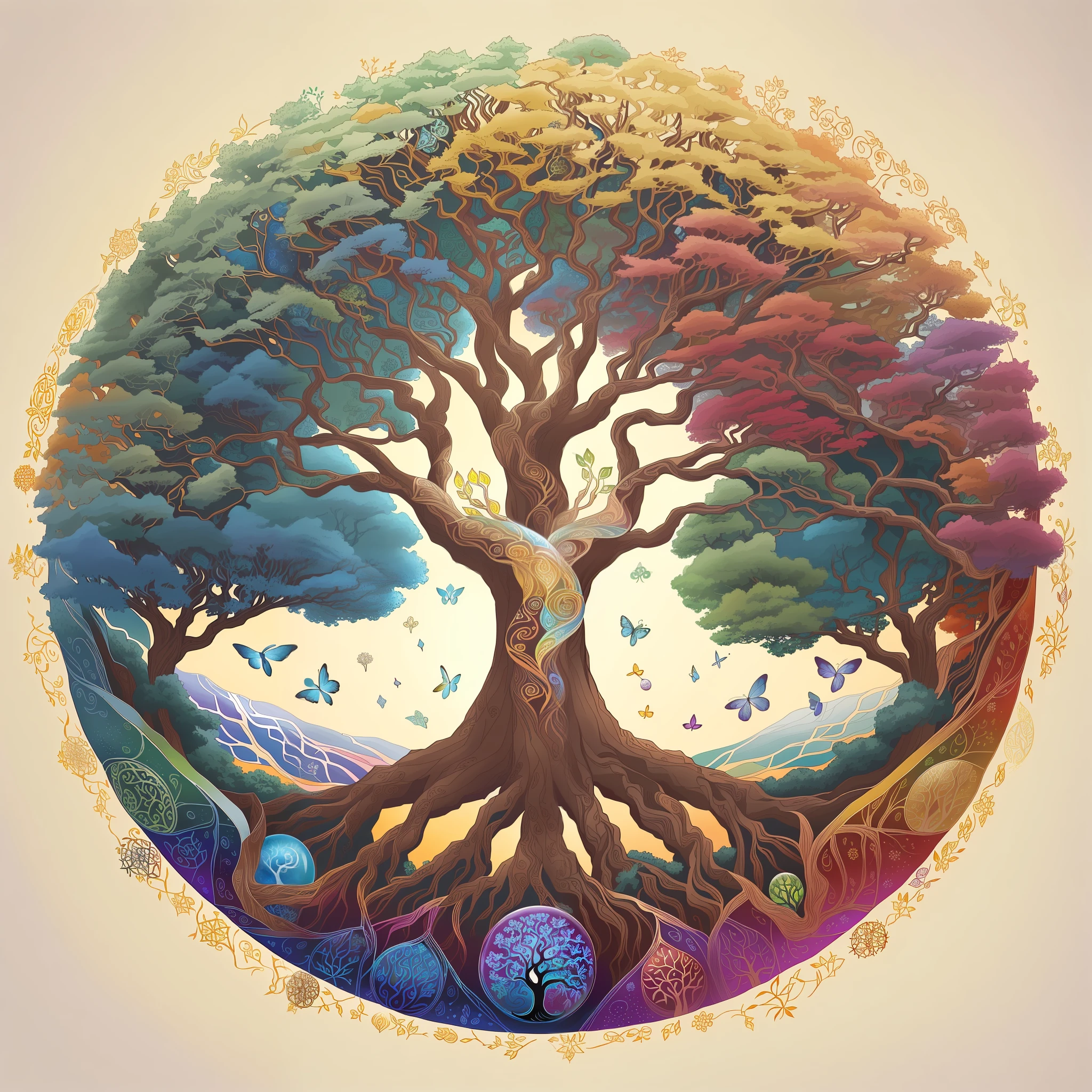 there is a picture of a tree with many different colors, tree of life seed of doubt, world tree, tree of life inside the ball, tree of life, the world tree, cosmic tree of life, the tree of life, yggdrasil, a beautiful artwork illustration, artistic illustration, fantasy tree, magical tree, beautiful detailed illustration, tree of life brains